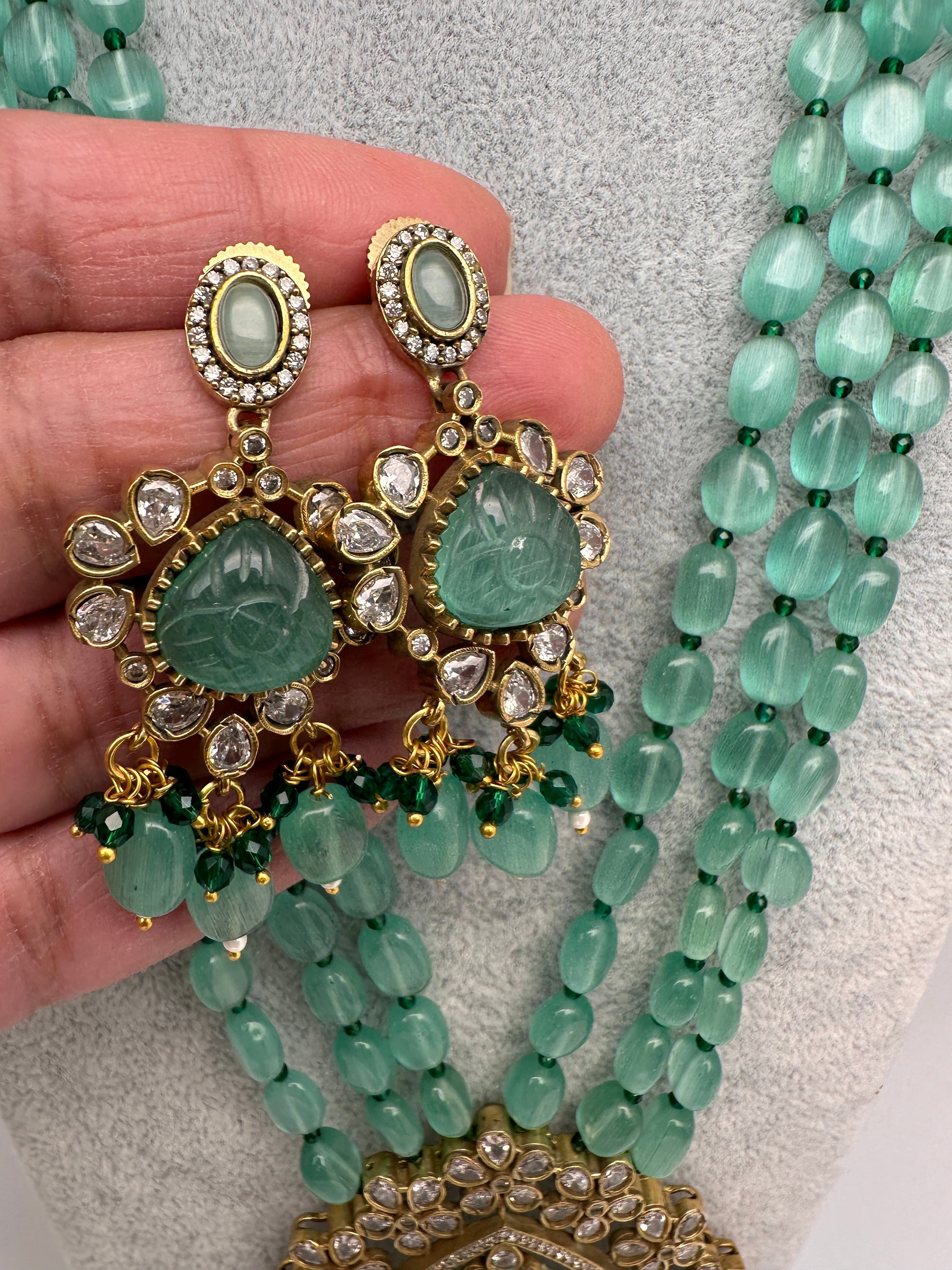 Moissanite Victoraian Mehendi Finish Monalisa Beads Necklace - LightGreen