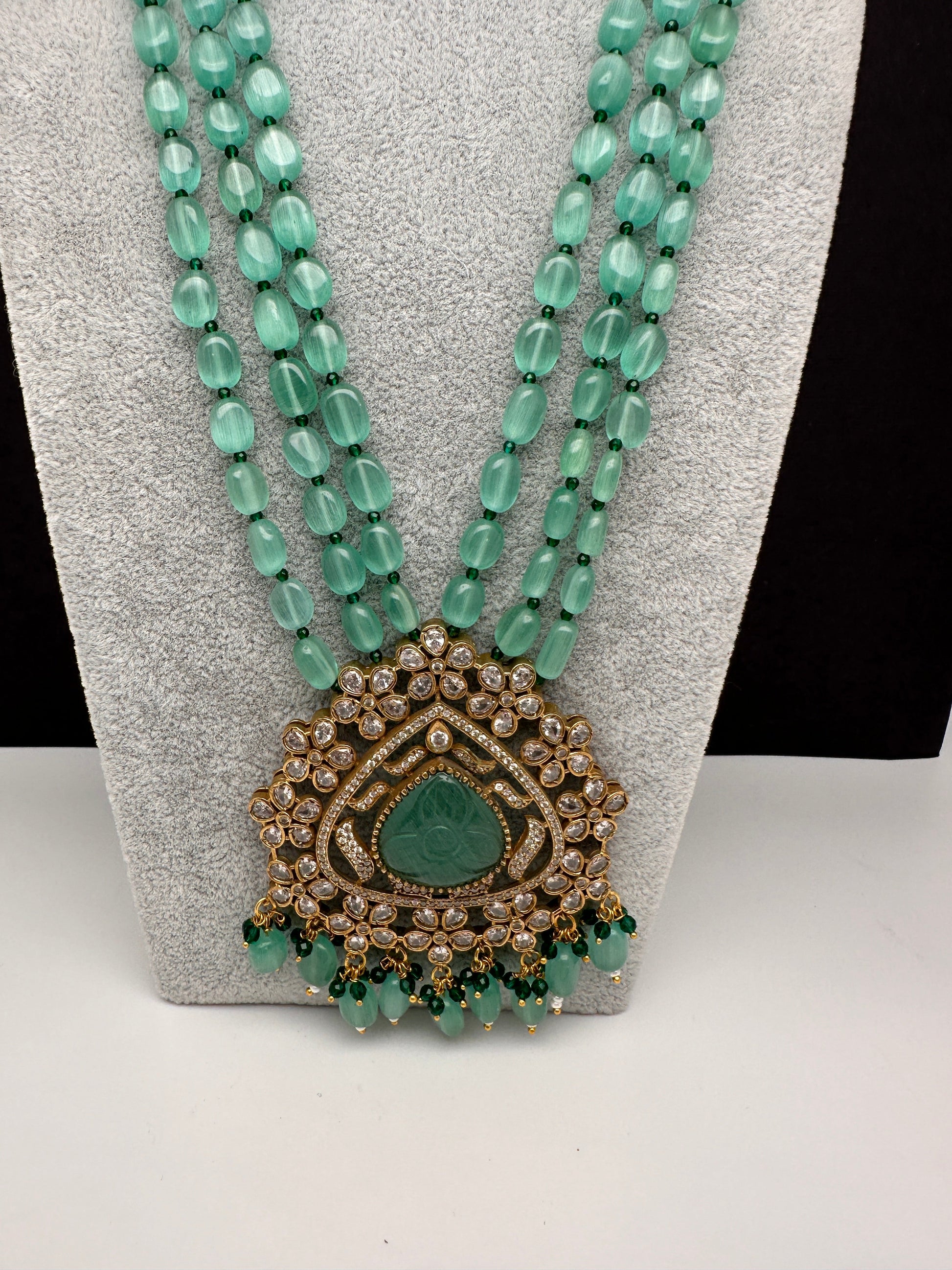 Moissanite Victoraian Mehendi Finish Monalisa Beads Necklace - LightGreen