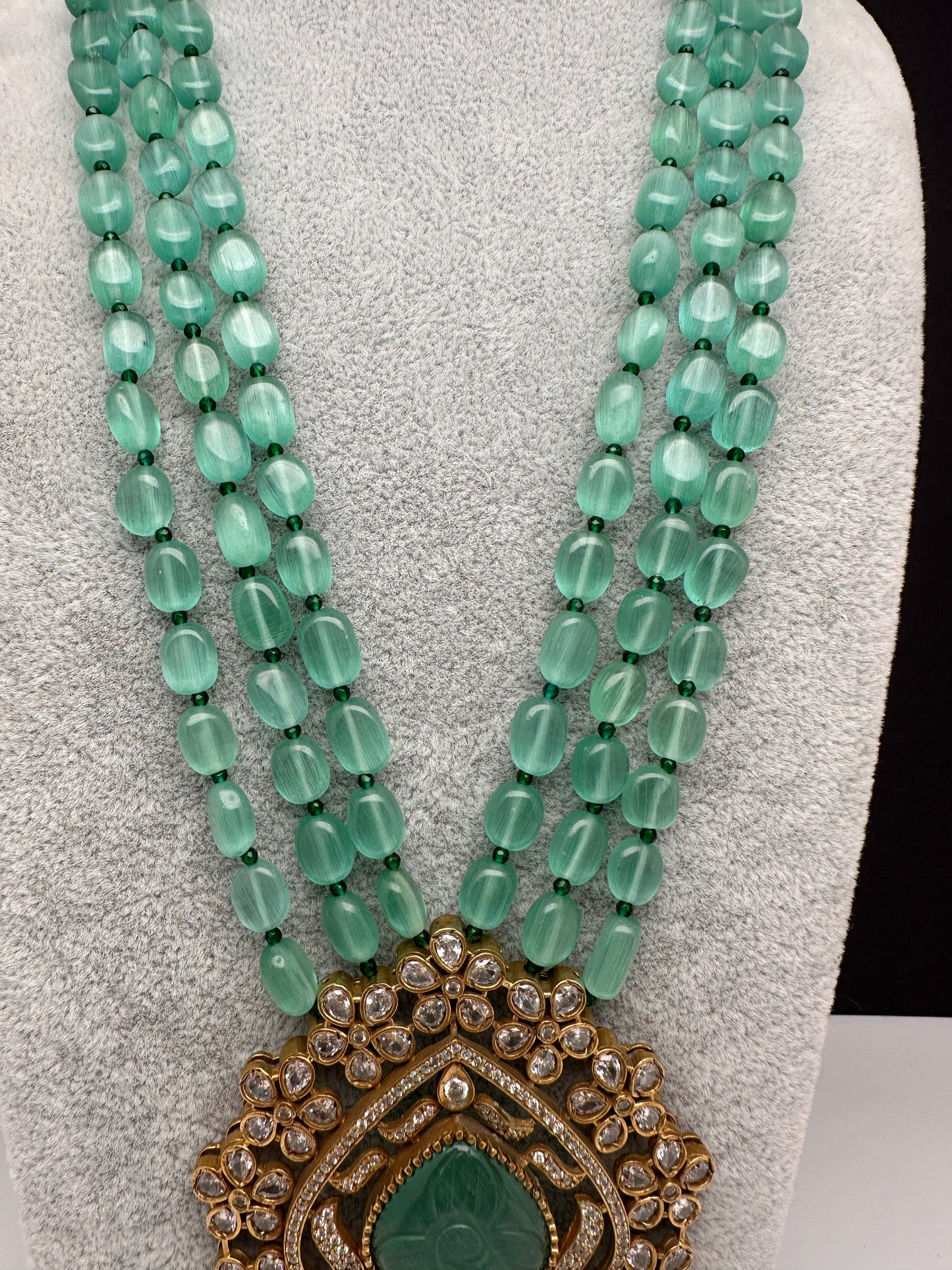 Moissanite Victoraian Mehendi Finish Monalisa Beads Necklace - LightGreen