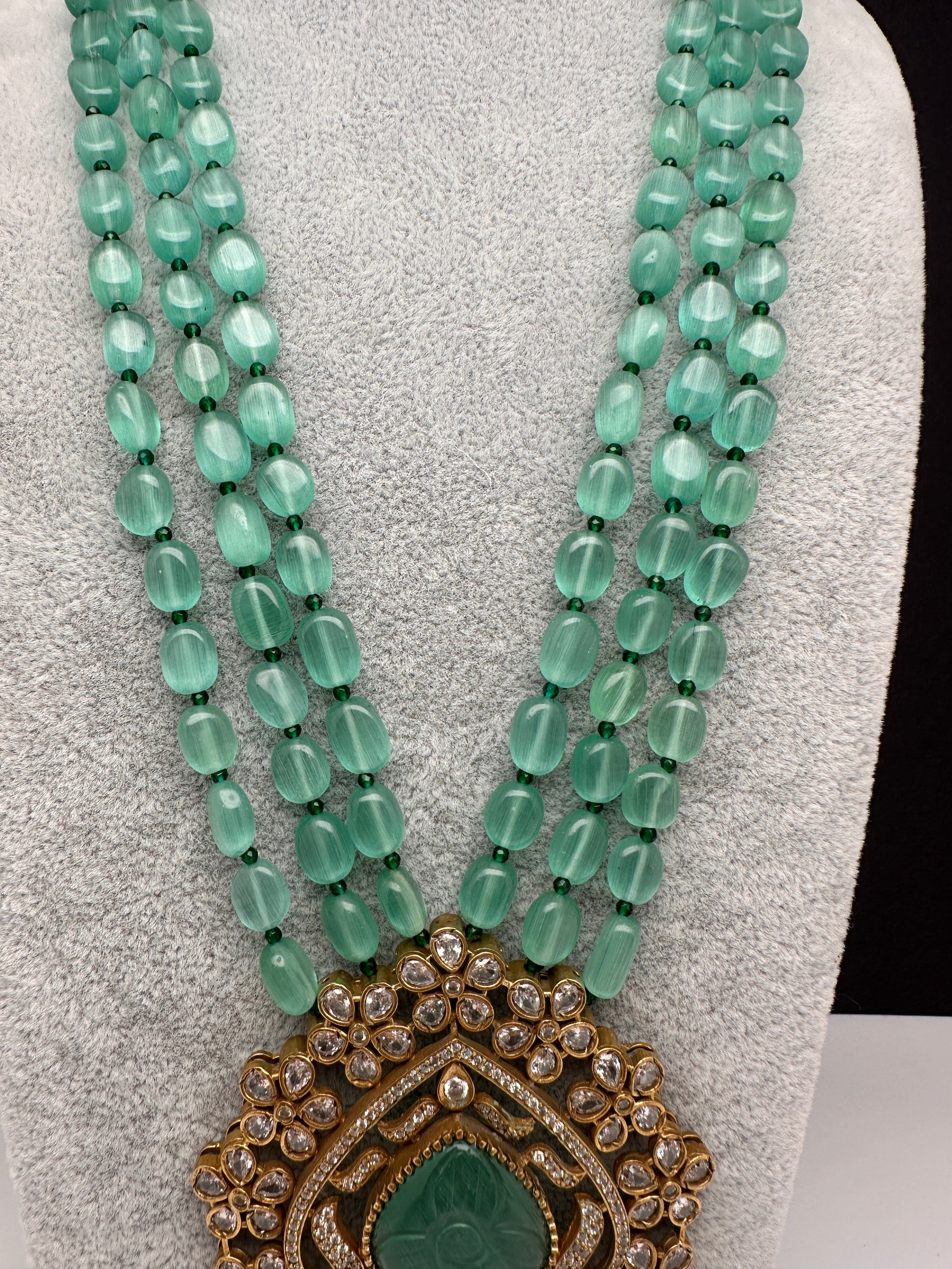Moissanite Victoraian Mehendi Finish Monalisa Beads Necklace - LightGreen
