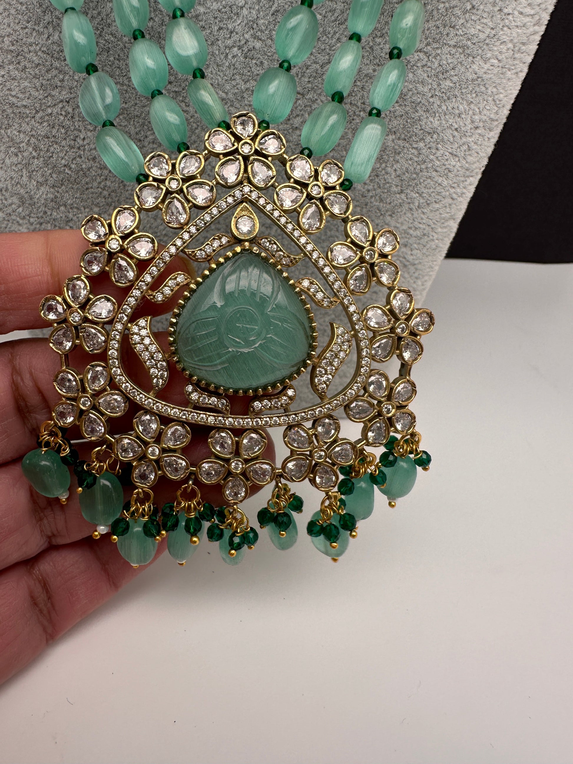 Moissanite Victoraian Mehendi Finish Monalisa Beads Necklace - LightGreen