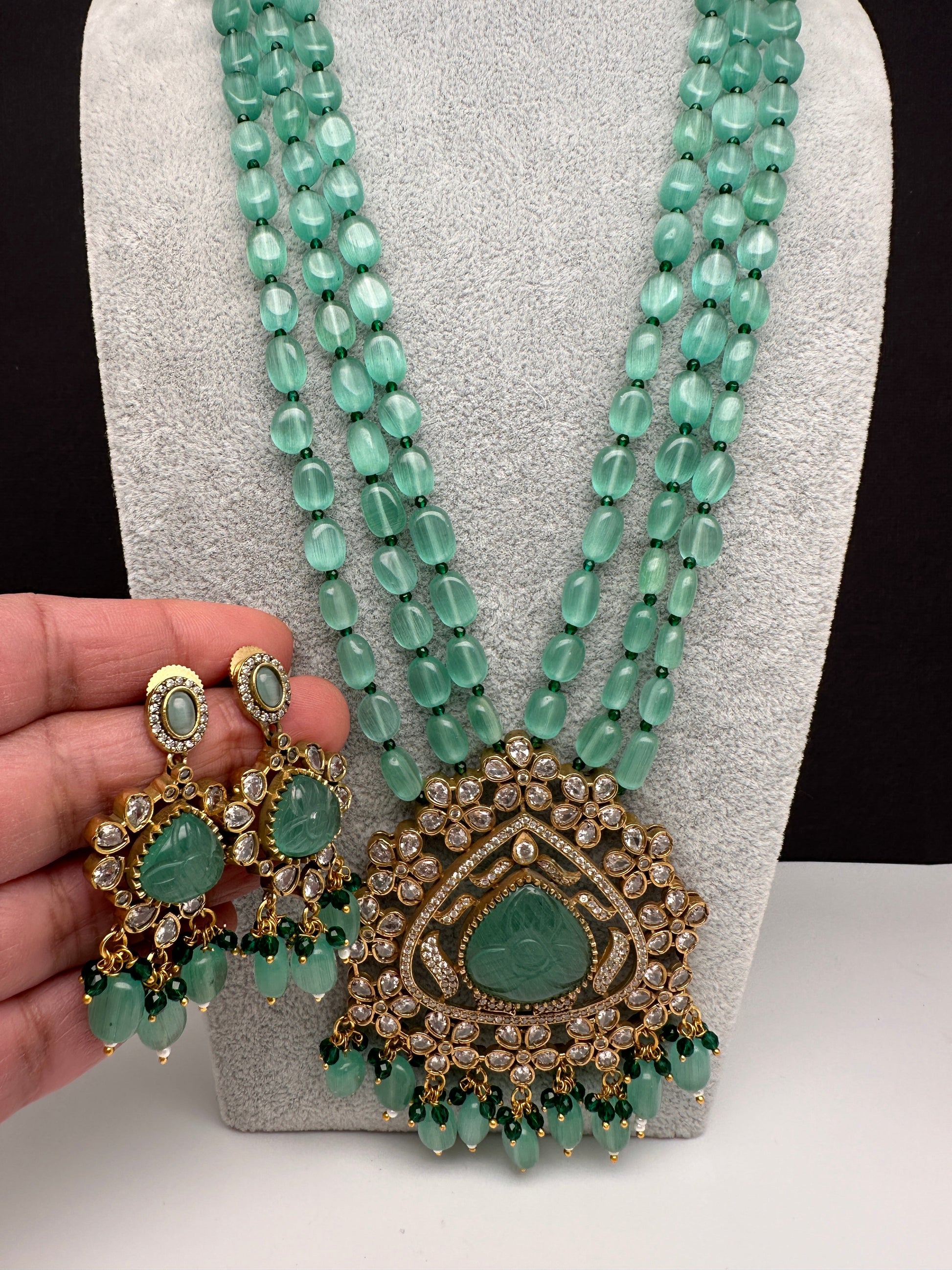 Moissanite Victoraian Mehendi Finish Monalisa Beads Necklace - LightGreen