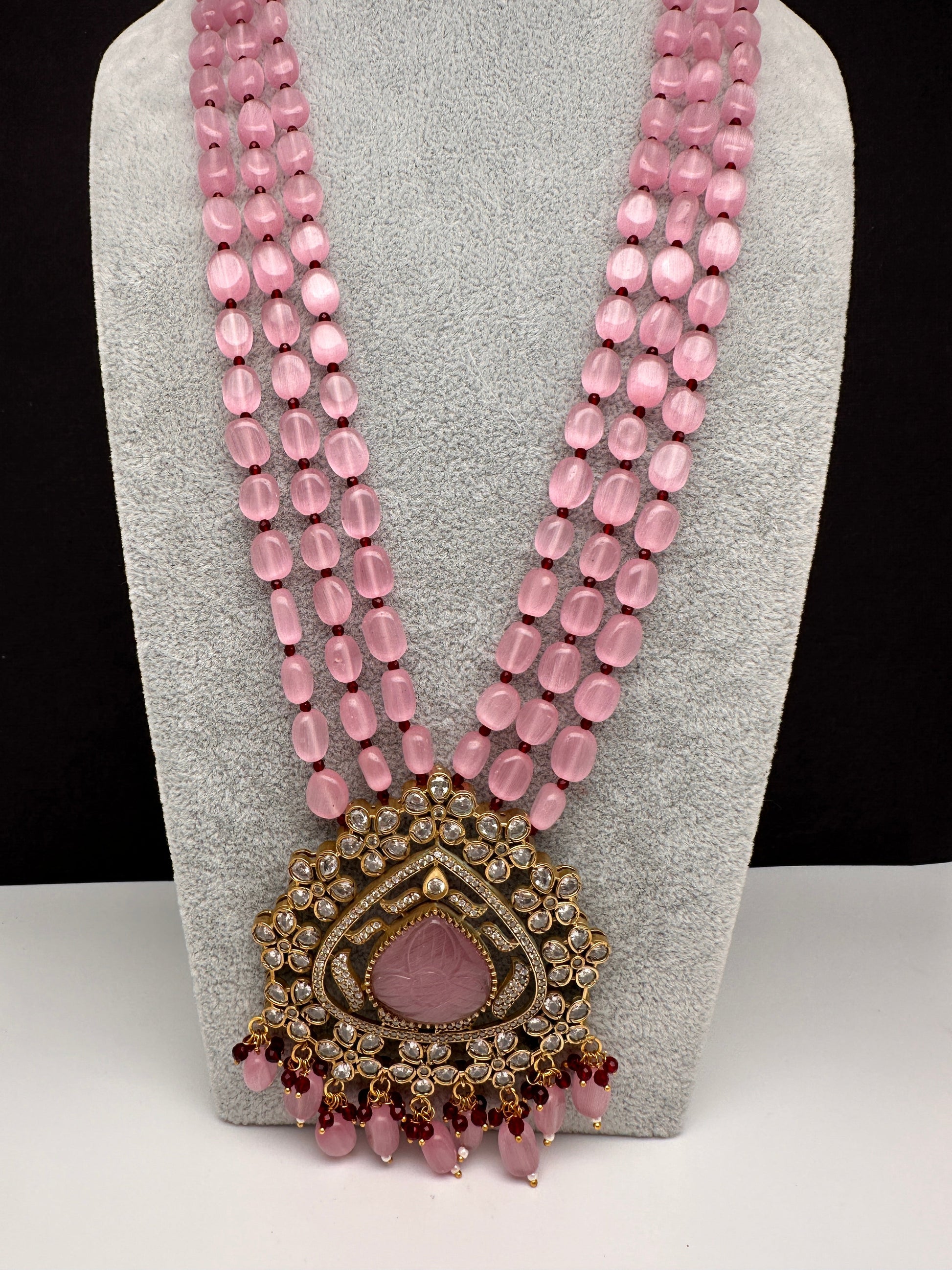 Moissanite Victoraian Mehendi Finish Monalisa Beads Necklace - Pink