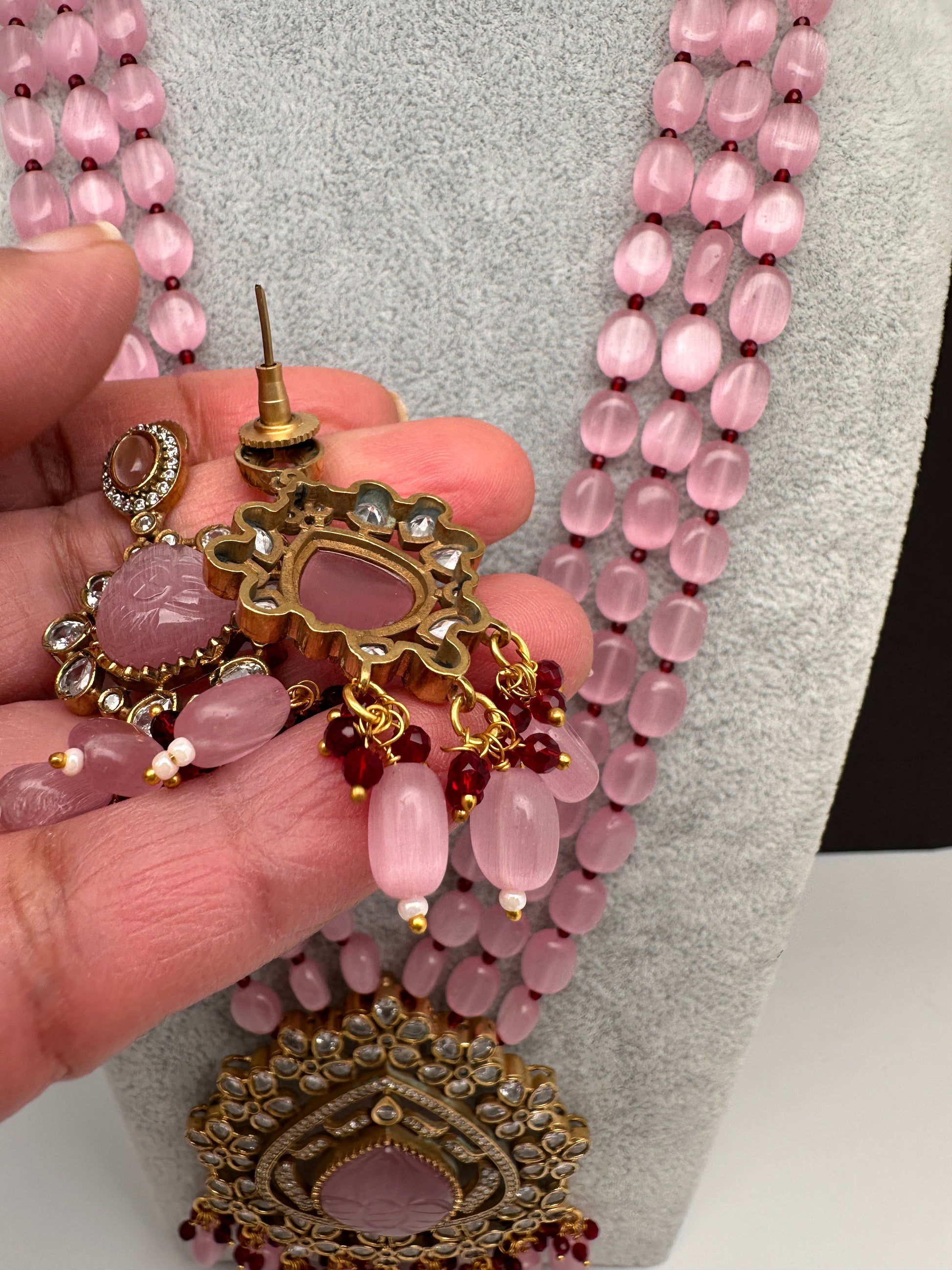 Moissanite Victoraian Mehendi Finish Monalisa Beads Necklace - Pink