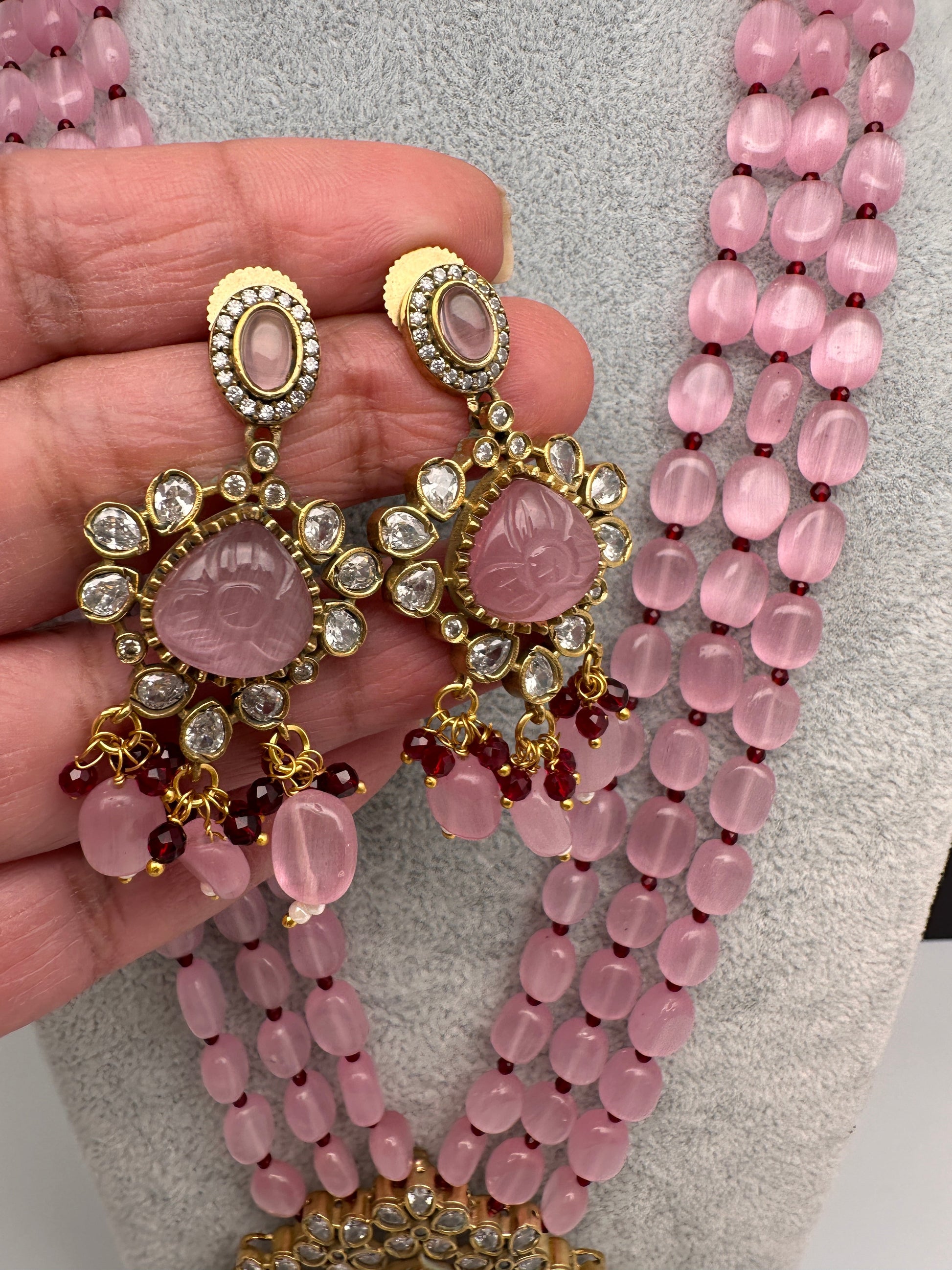 Moissanite Victoraian Mehendi Finish Monalisa Beads Necklace - Pink