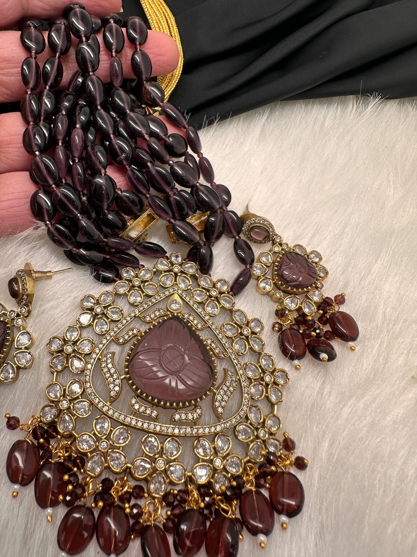 Moissanite Victoraian Mehendi Finish Monalisa Beads Necklace - Purple