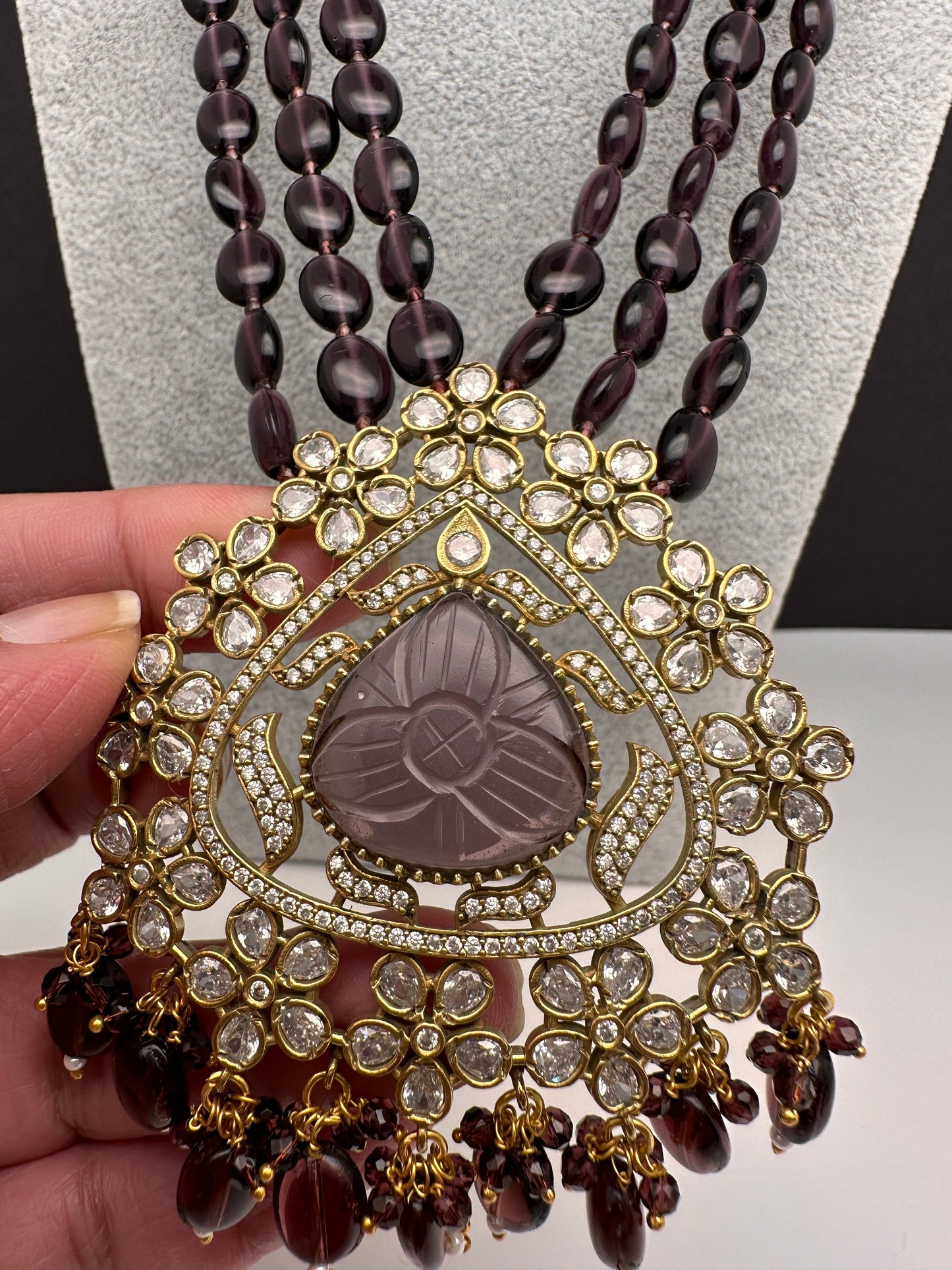 Moissanite Victoraian Mehendi Finish Monalisa Beads Necklace - Purple