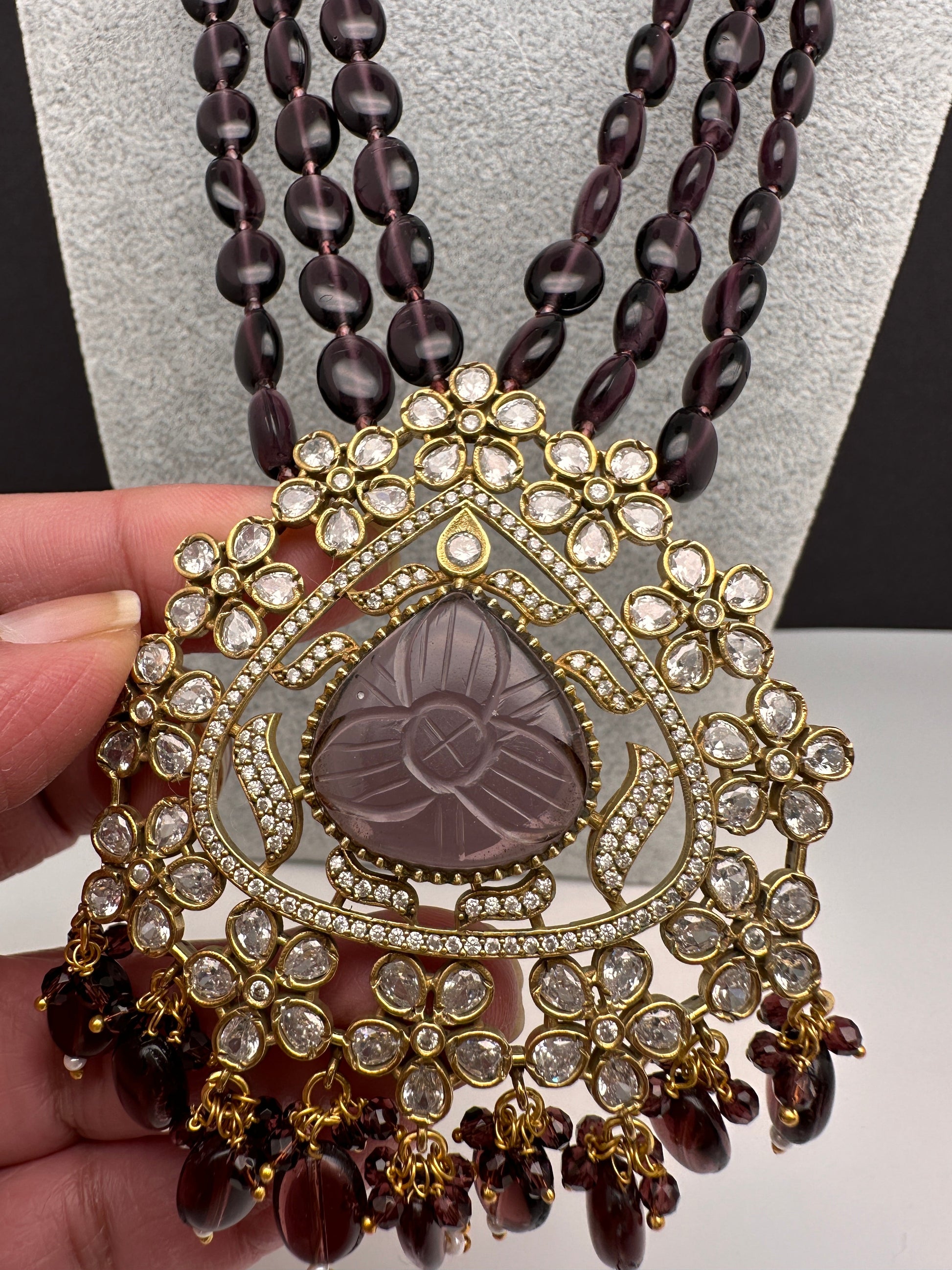 Moissanite Victoraian Mehendi Finish Monalisa Beads Necklace - Purple