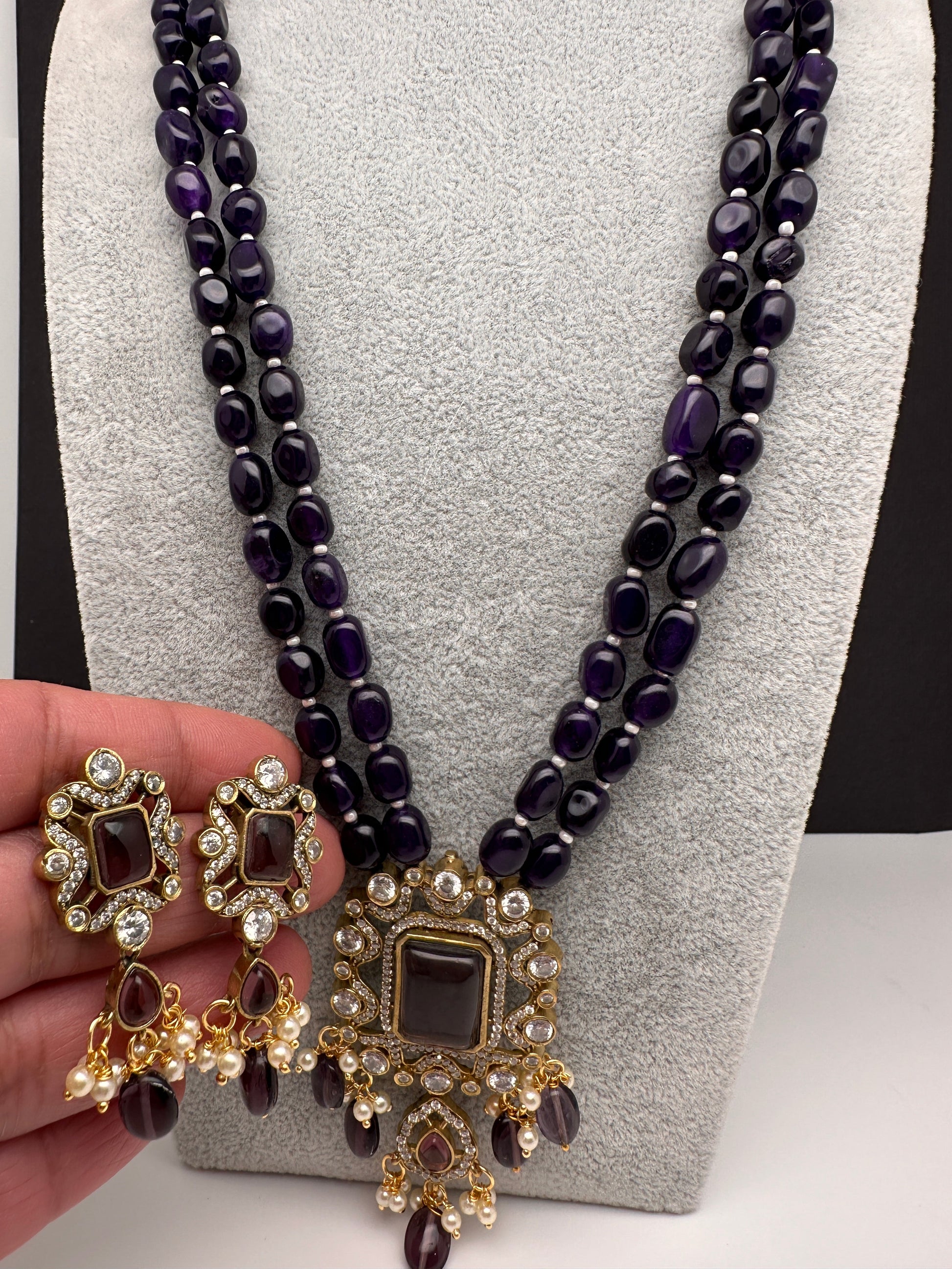 Victoraian Double line Monalisa Beads Necklace - Blue