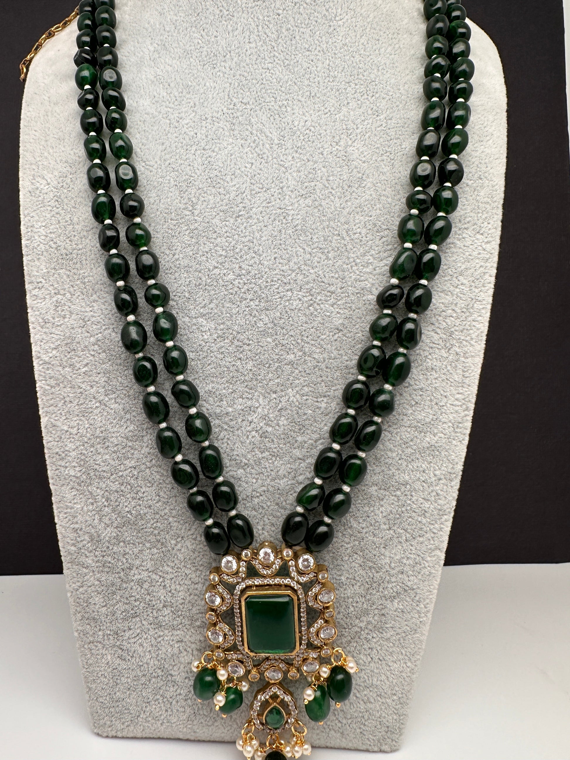 Victoraian Double line Monalisa Beads Necklace - Green