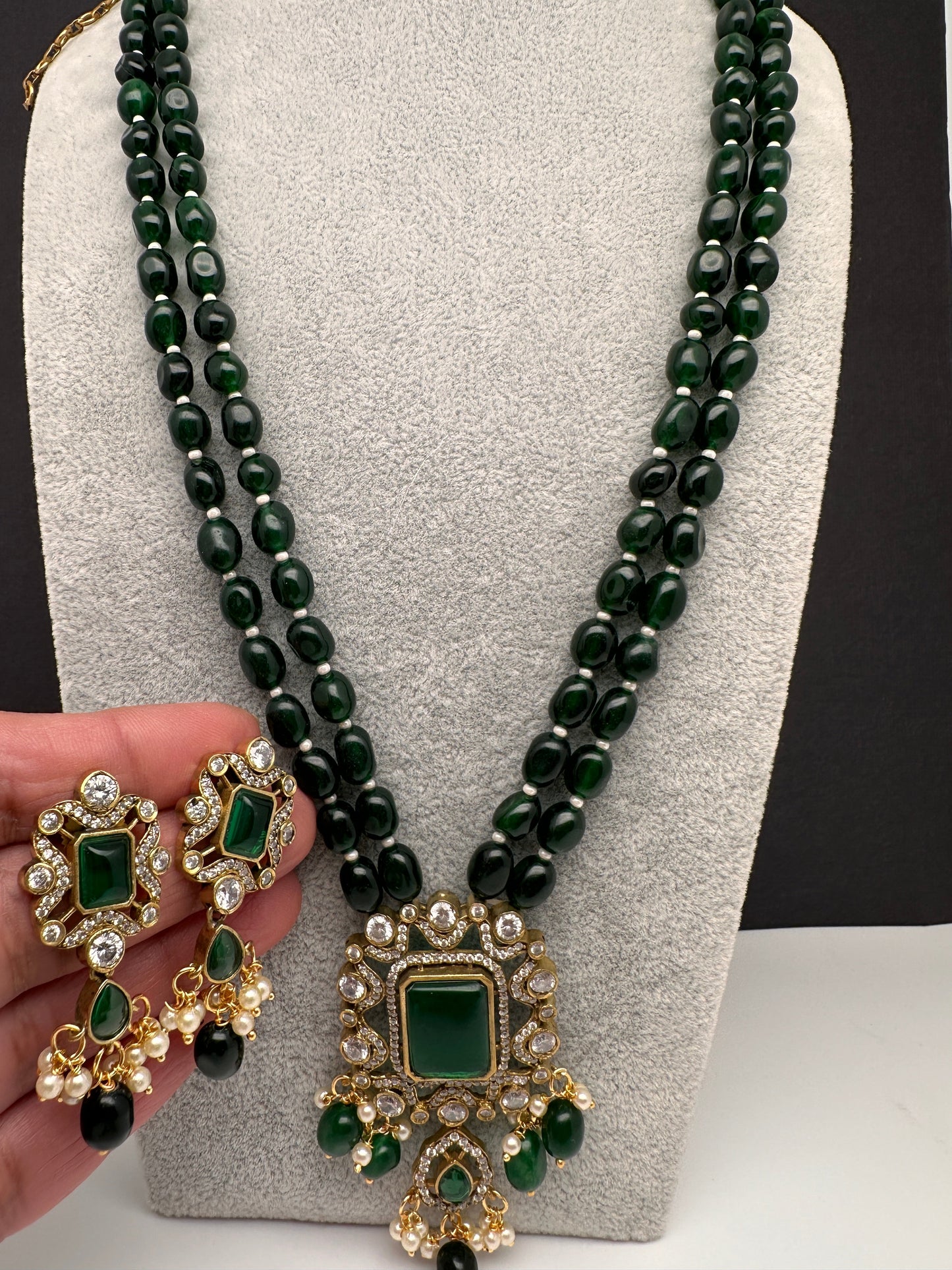 Victoraian Double line Monalisa Beads Necklace - Green