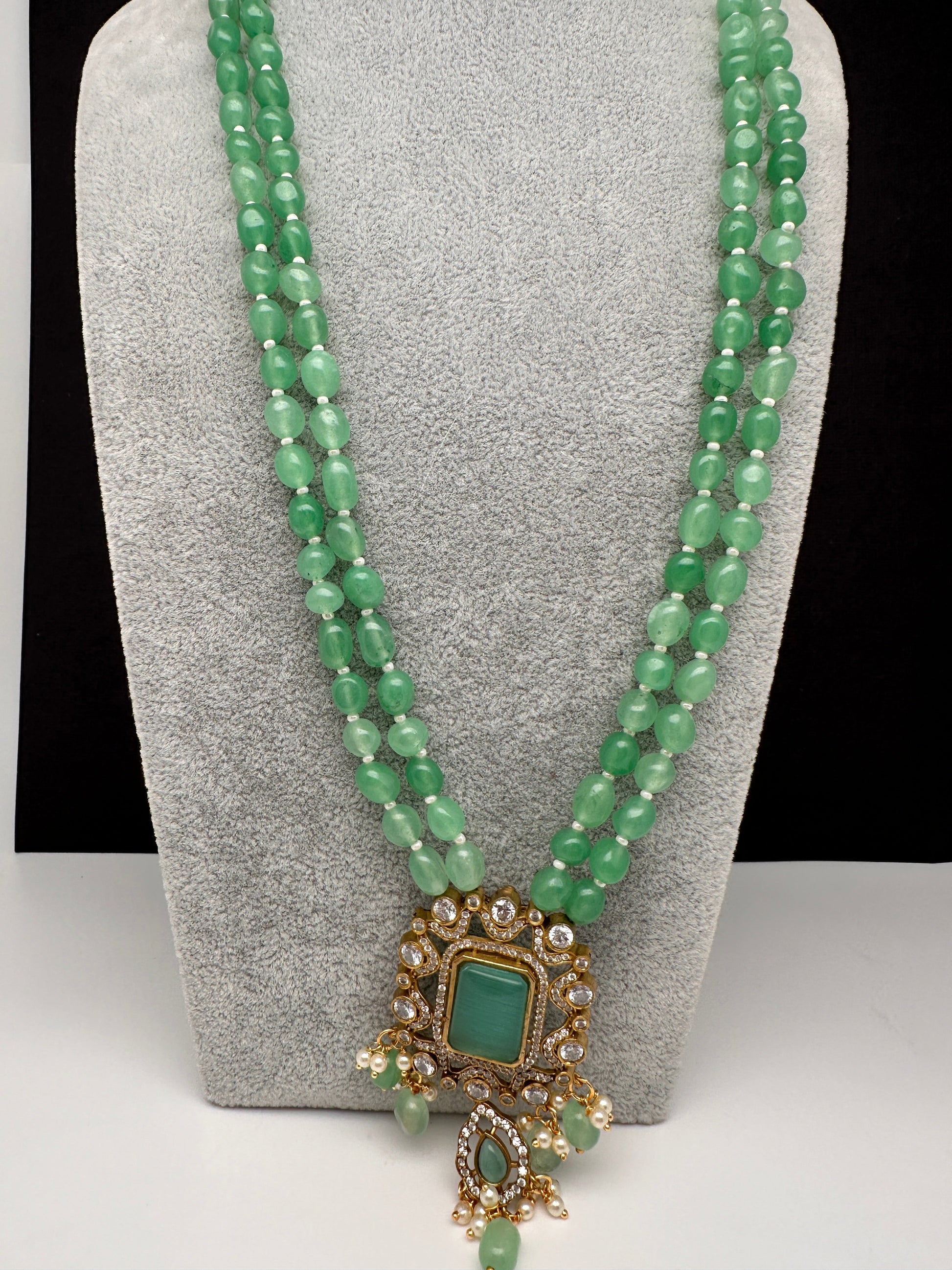 Victoraian Double line Monalisa Beads Necklace - LightGreen