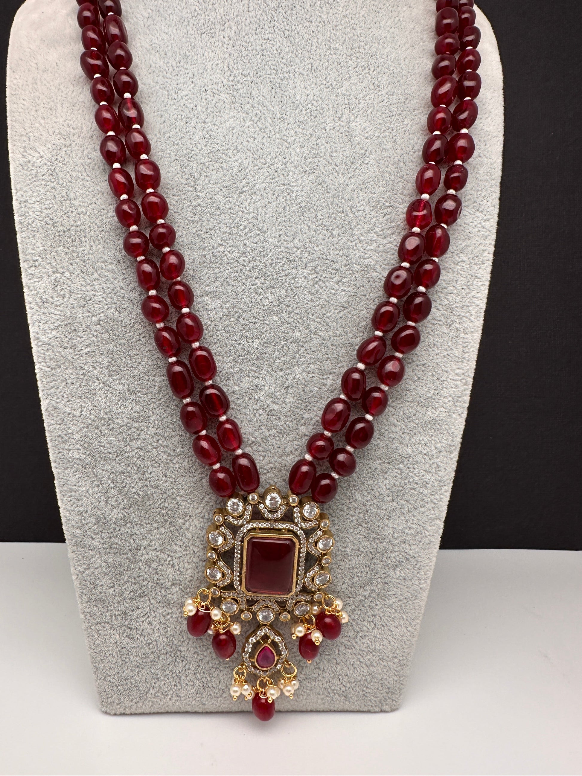 Victoraian Double line Monalisa Beads Necklace - Red