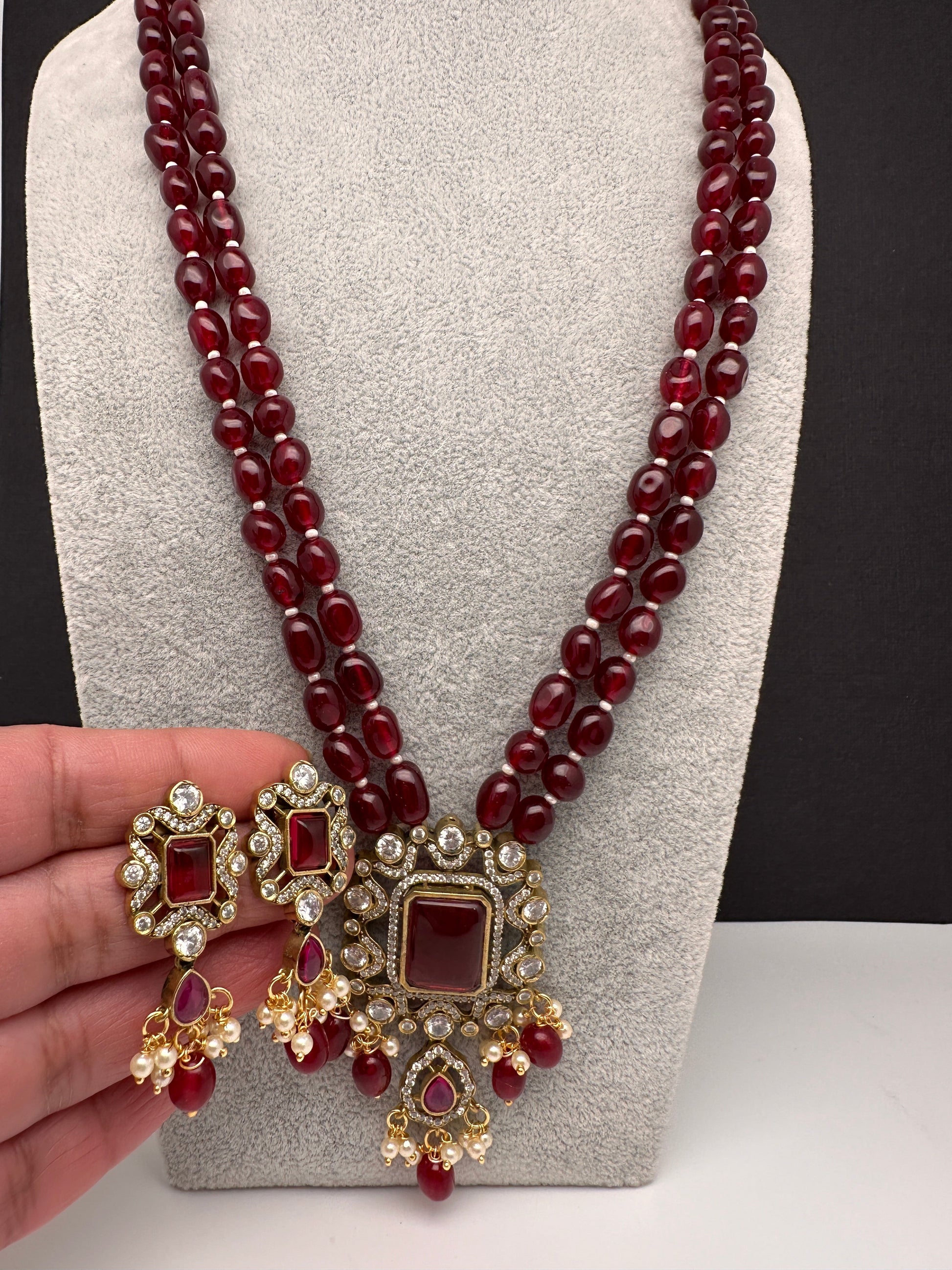 Victoraian Double line Monalisa Beads Necklace - Red