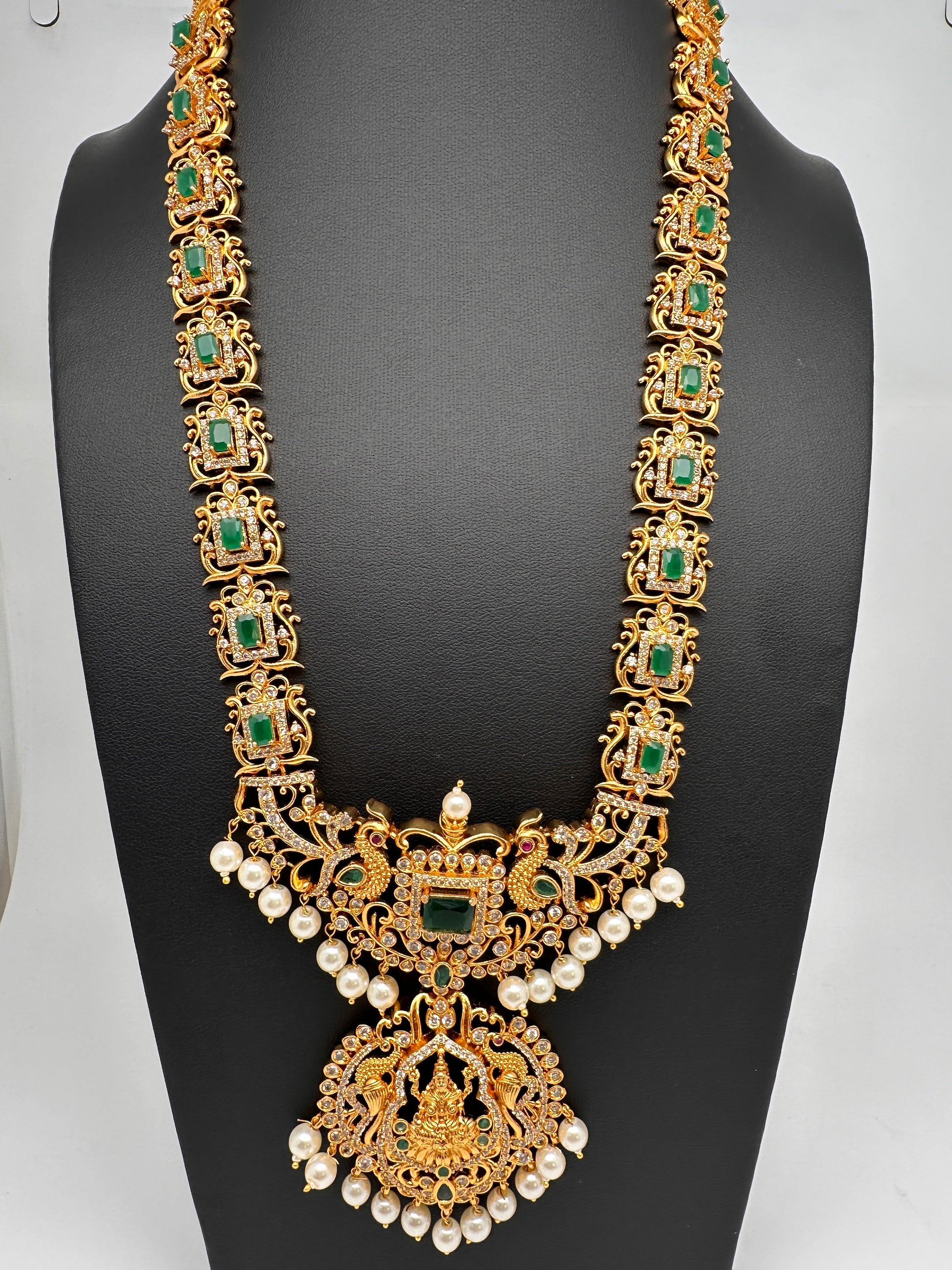 Goddess Lakshmi Green Stone Pearls Matte Finish Necklace - Green