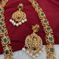 Goddess Lakshmi Green Stone Pearls Matte Finish Necklace - Green