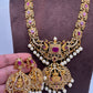 Goddess Lakshmi Green Stone Pearls Matte Finish Necklace - Red