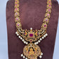 Goddess Lakshmi Green Stone Pearls Matte Finish Necklace - Red