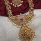 Goddess Lakshmi Green Stone Pearls Matte Finish Necklace - Red