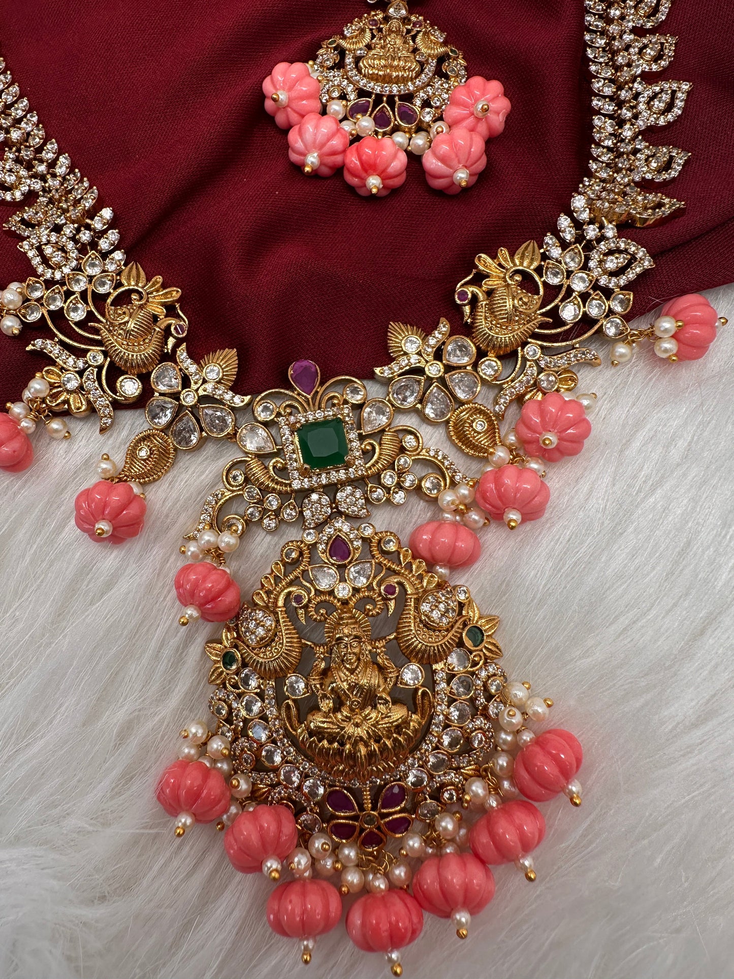Goddess Lakshmi Pink Pumpkin Beads Matte Finish Mango Necklace