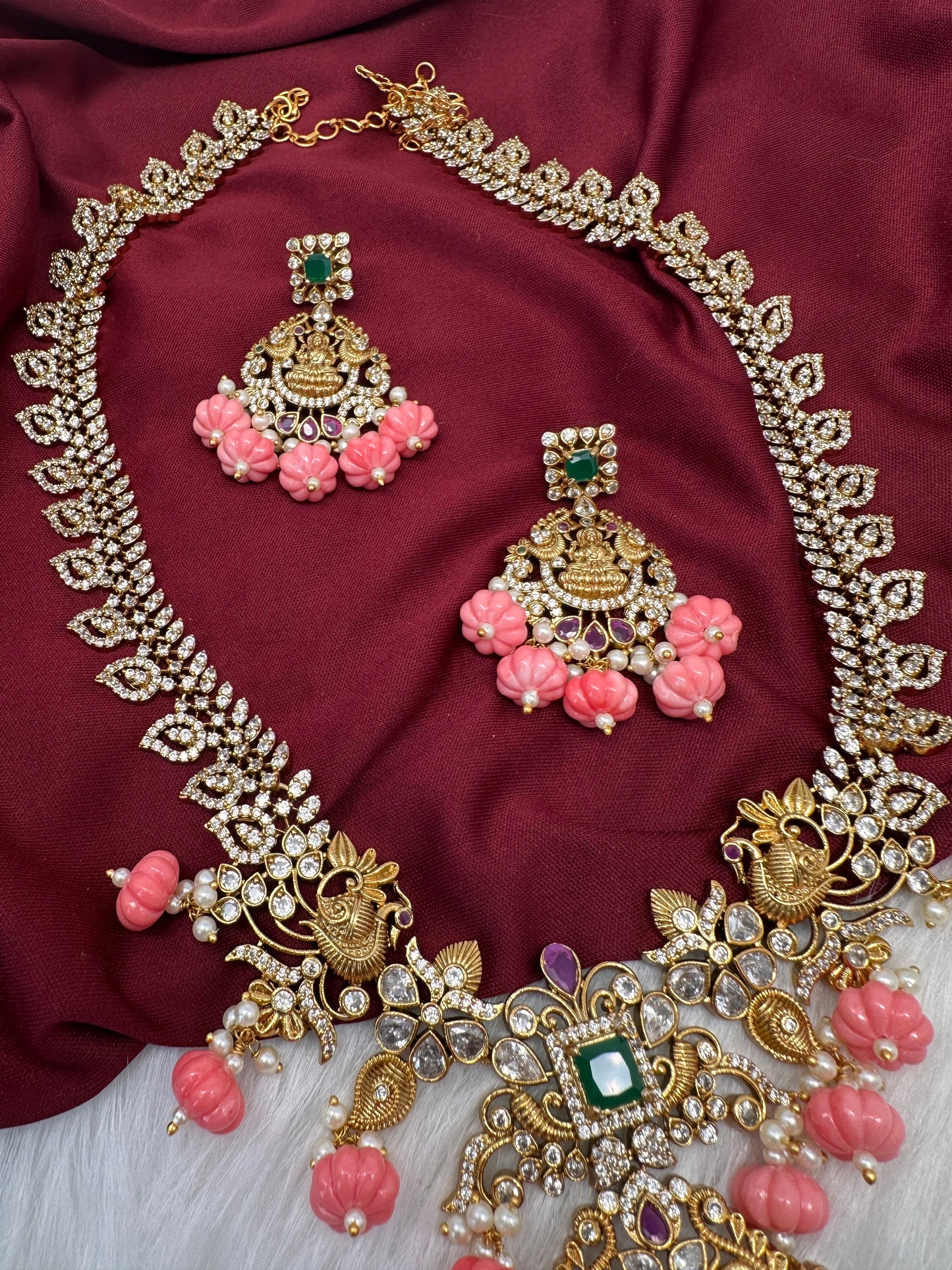 Goddess Lakshmi Pink Pumpkin Beads Matte Finish Mango Necklace