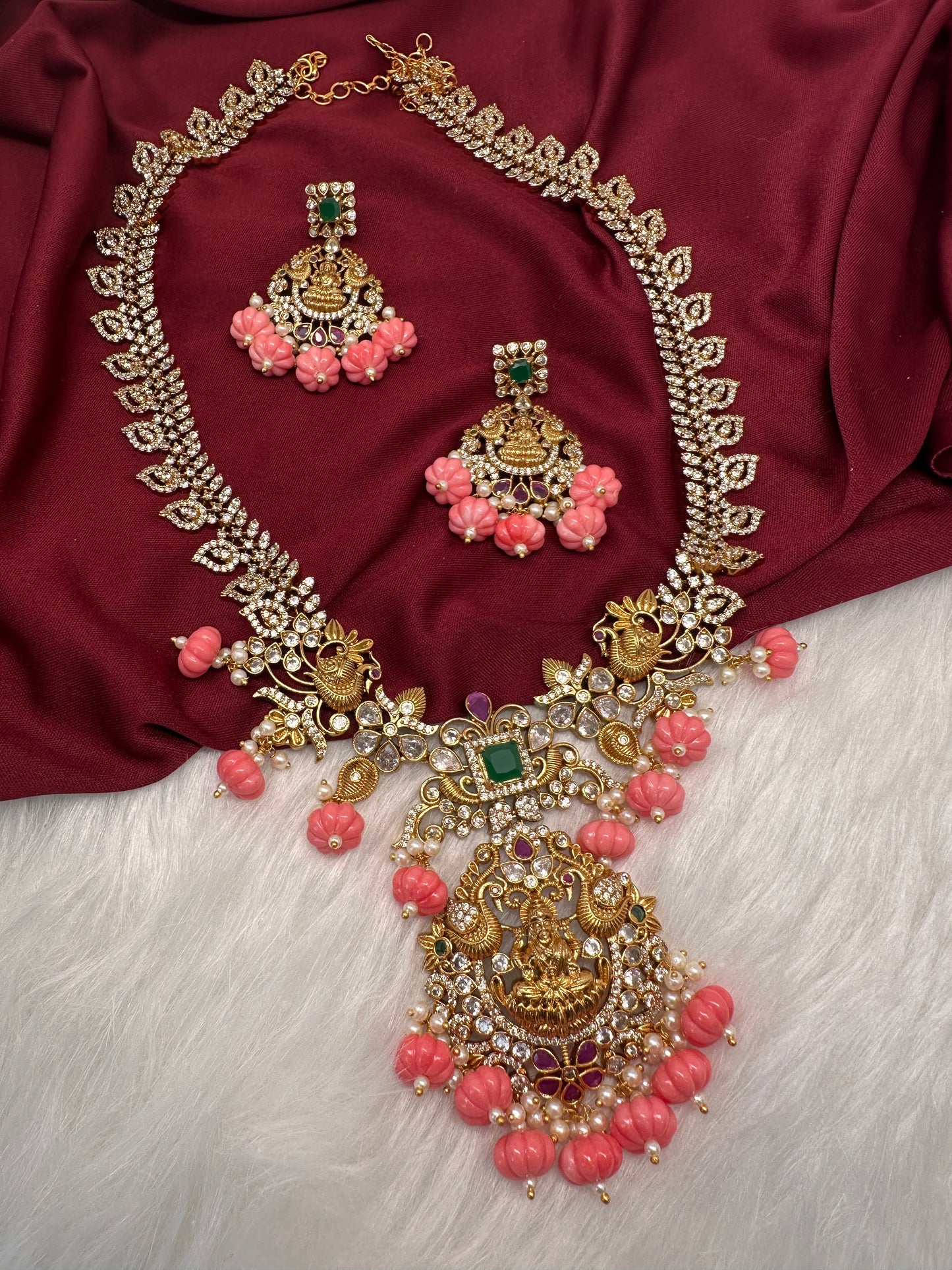 Goddess Lakshmi Pink Pumpkin Beads Matte Finish Mango Necklace