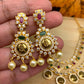 Traditional Short Lakshmi Coin Pattern Three Line Red Green Clear Stone Necklace