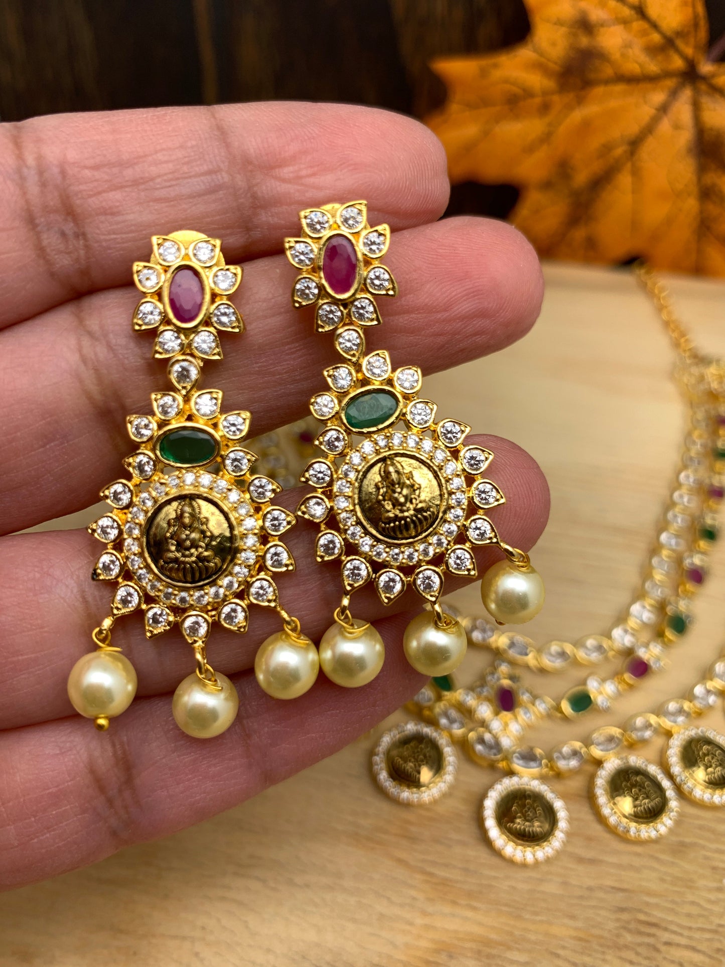 Traditional Short Lakshmi Coin Pattern Three Line Red Green Clear Stone Necklace