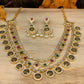 Traditional Short Lakshmi Coin Pattern Three Line Red Green Clear Stone Necklace