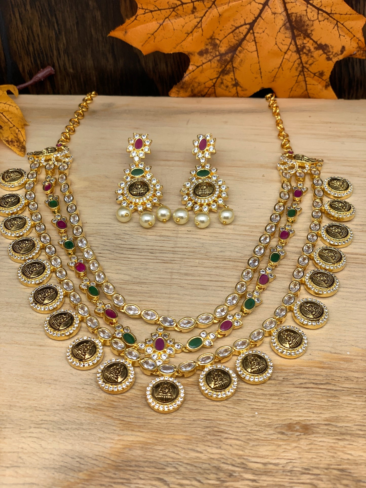 Traditional Short Lakshmi Coin Pattern Three Line Red Green Clear Stone Necklace