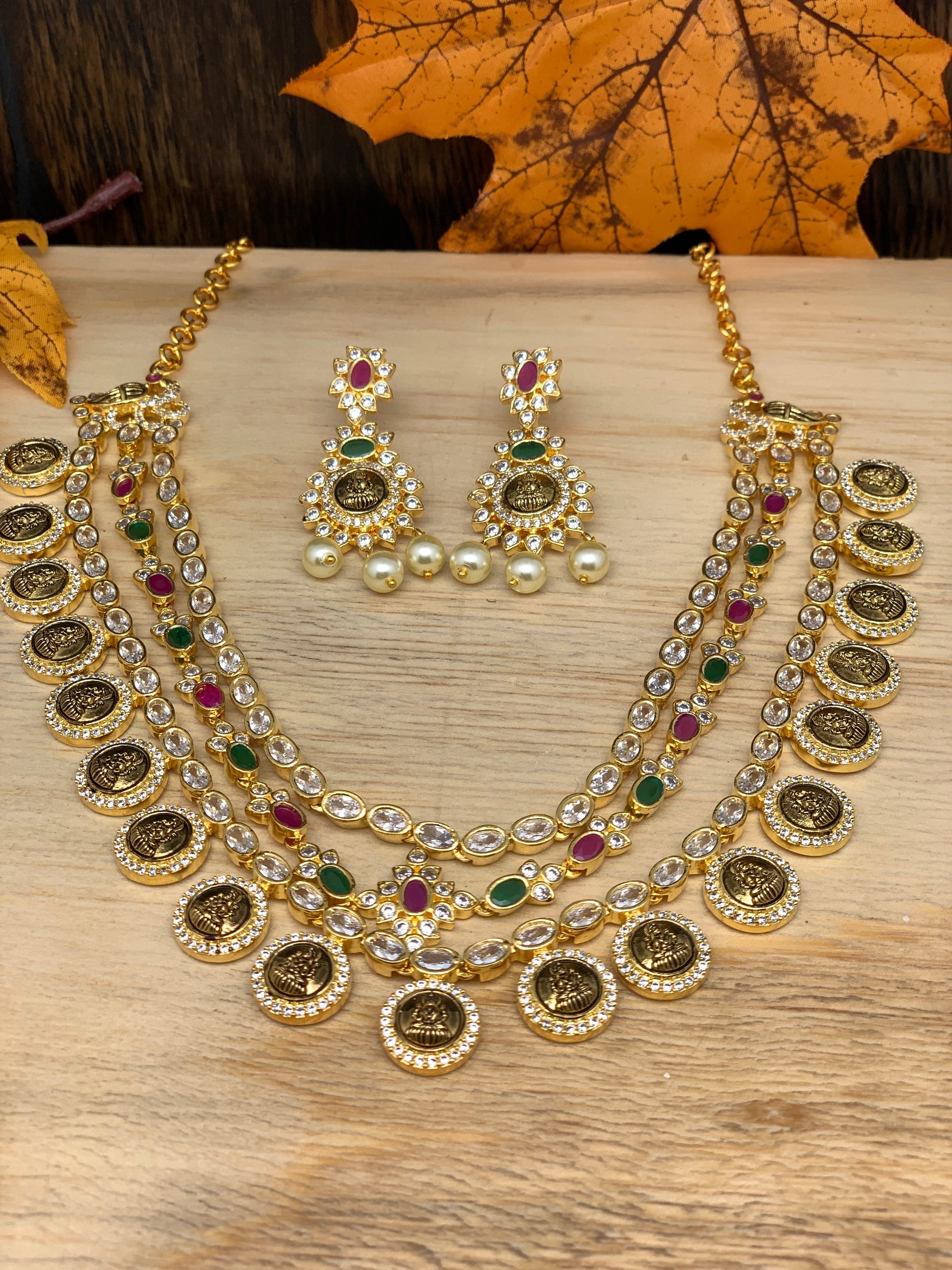 Traditional Short Lakshmi Coin Pattern Three Line Red Green Clear Stone Necklace