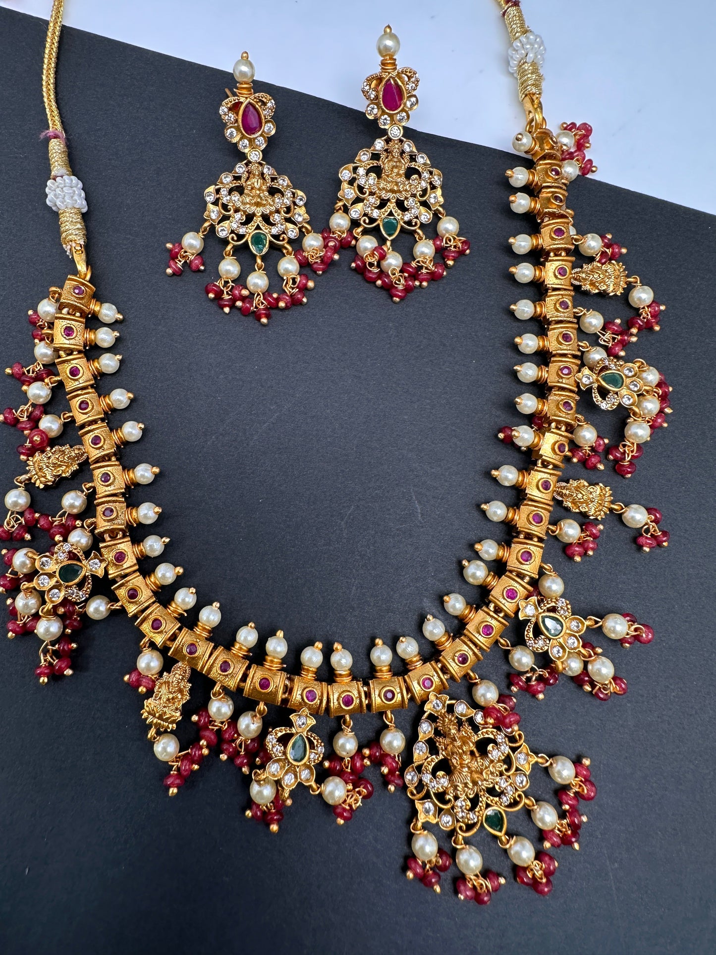Goddess Lakshmi Red Coral Beads Red Green Stone CZ and Pearls Traditional Guttapusalu Necklace