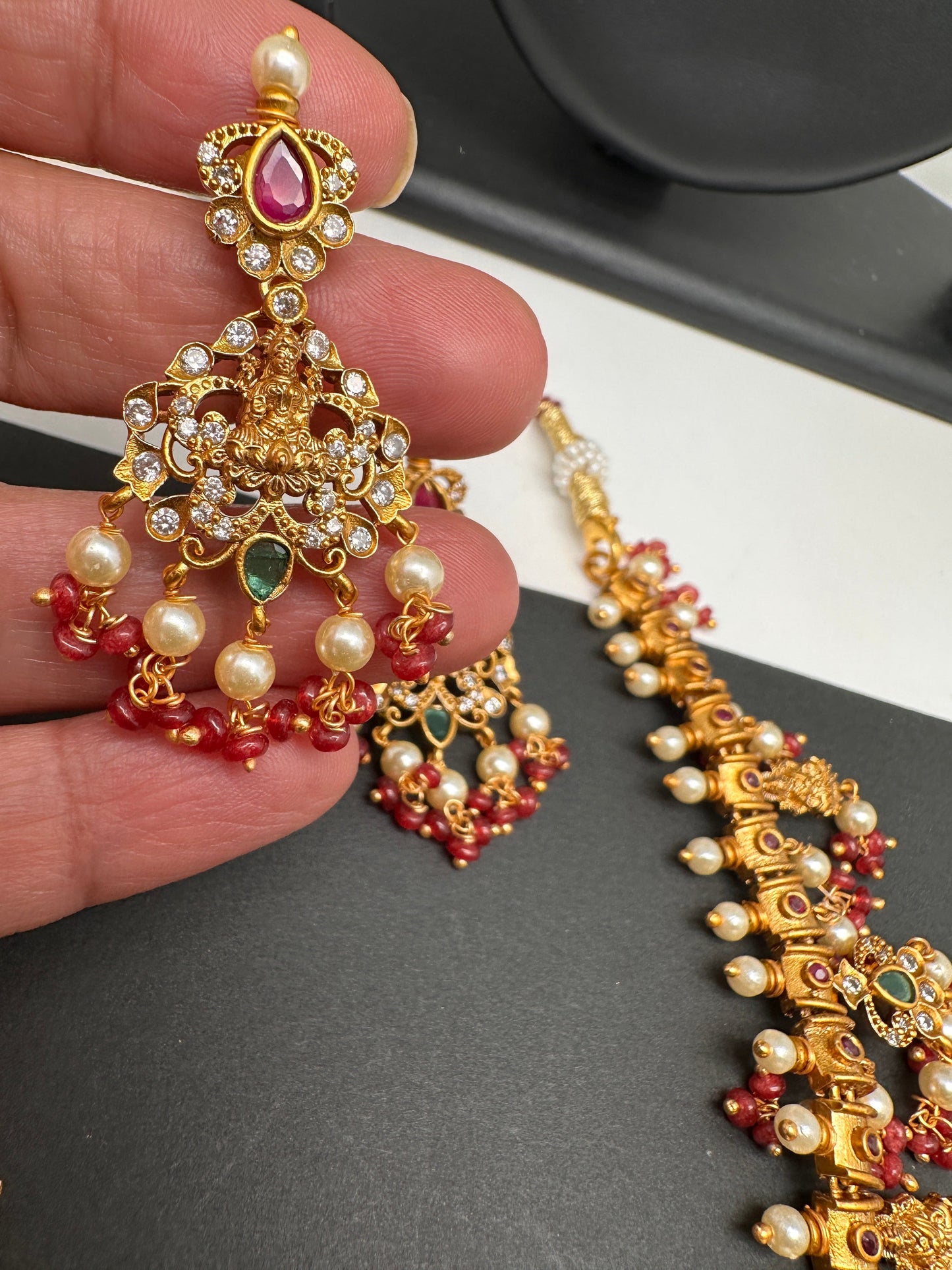 Goddess Lakshmi Red Coral Beads Red Green Stone CZ and Pearls Traditional Guttapusalu Necklace