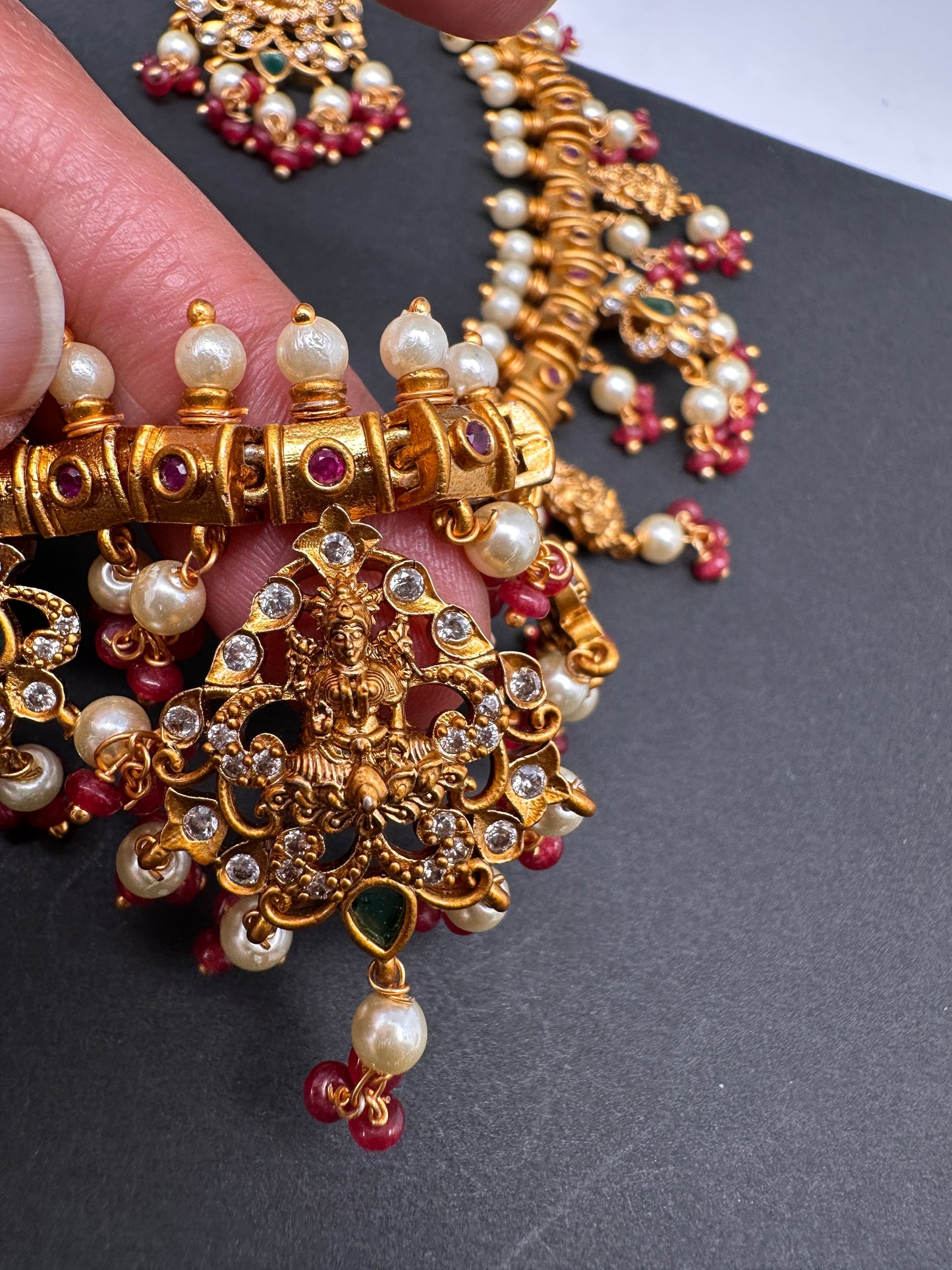 Goddess Lakshmi Red Coral Beads Red Green Stone CZ and Pearls Traditional Guttapusalu Necklace