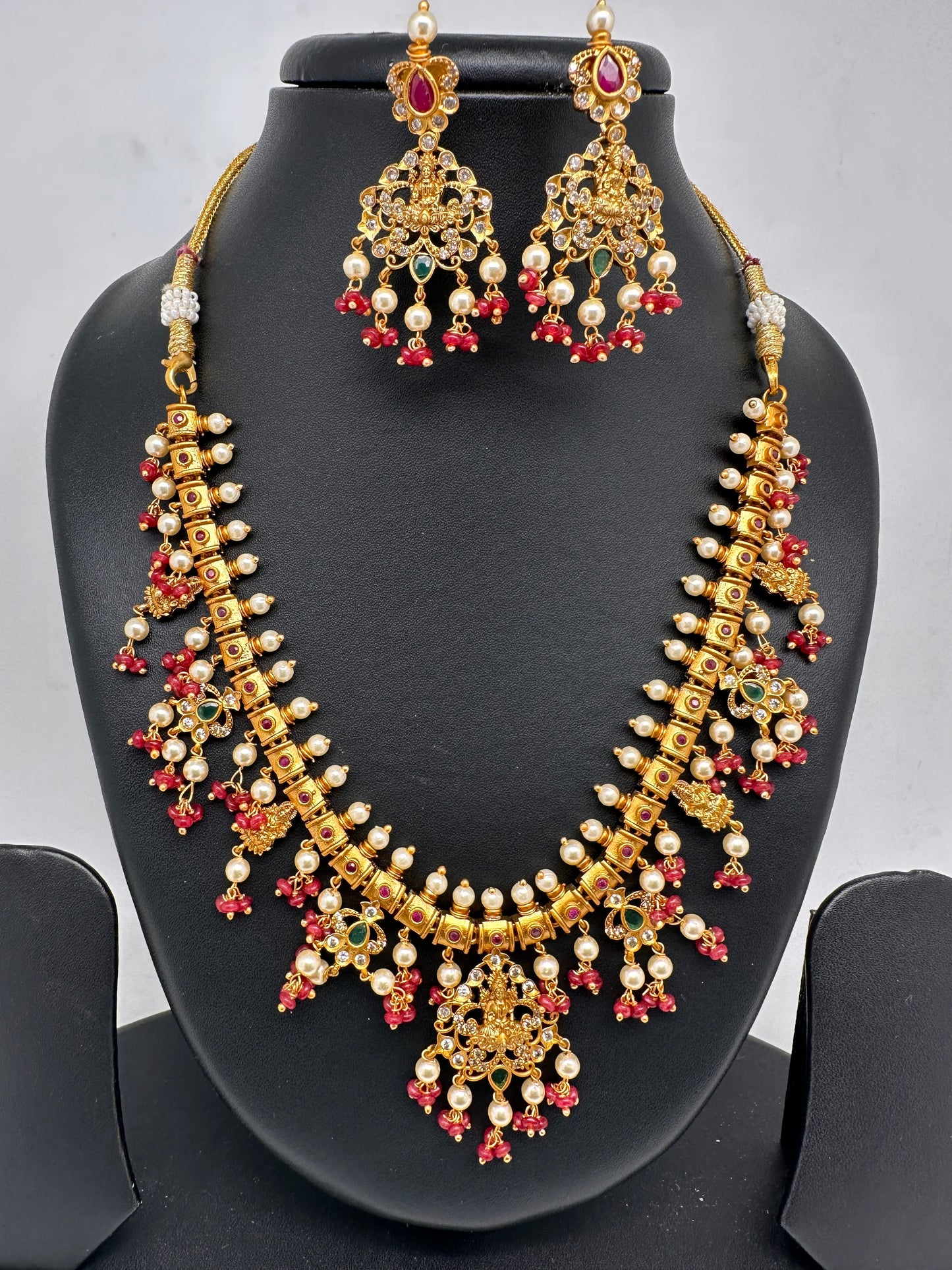 Goddess Lakshmi Red Coral Beads Red Green Stone CZ and Pearls Traditional Guttapusalu Necklace