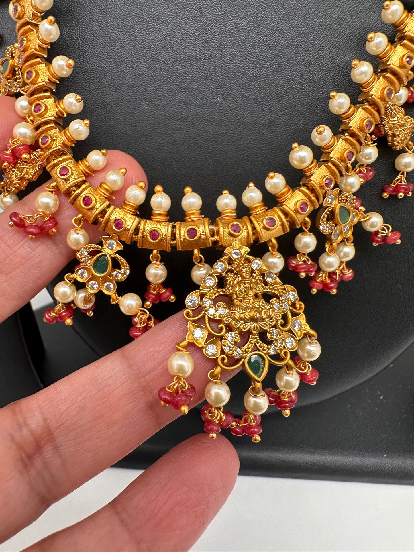 Goddess Lakshmi Red Coral Beads Red Green Stone CZ and Pearls Traditional Guttapusalu Necklace