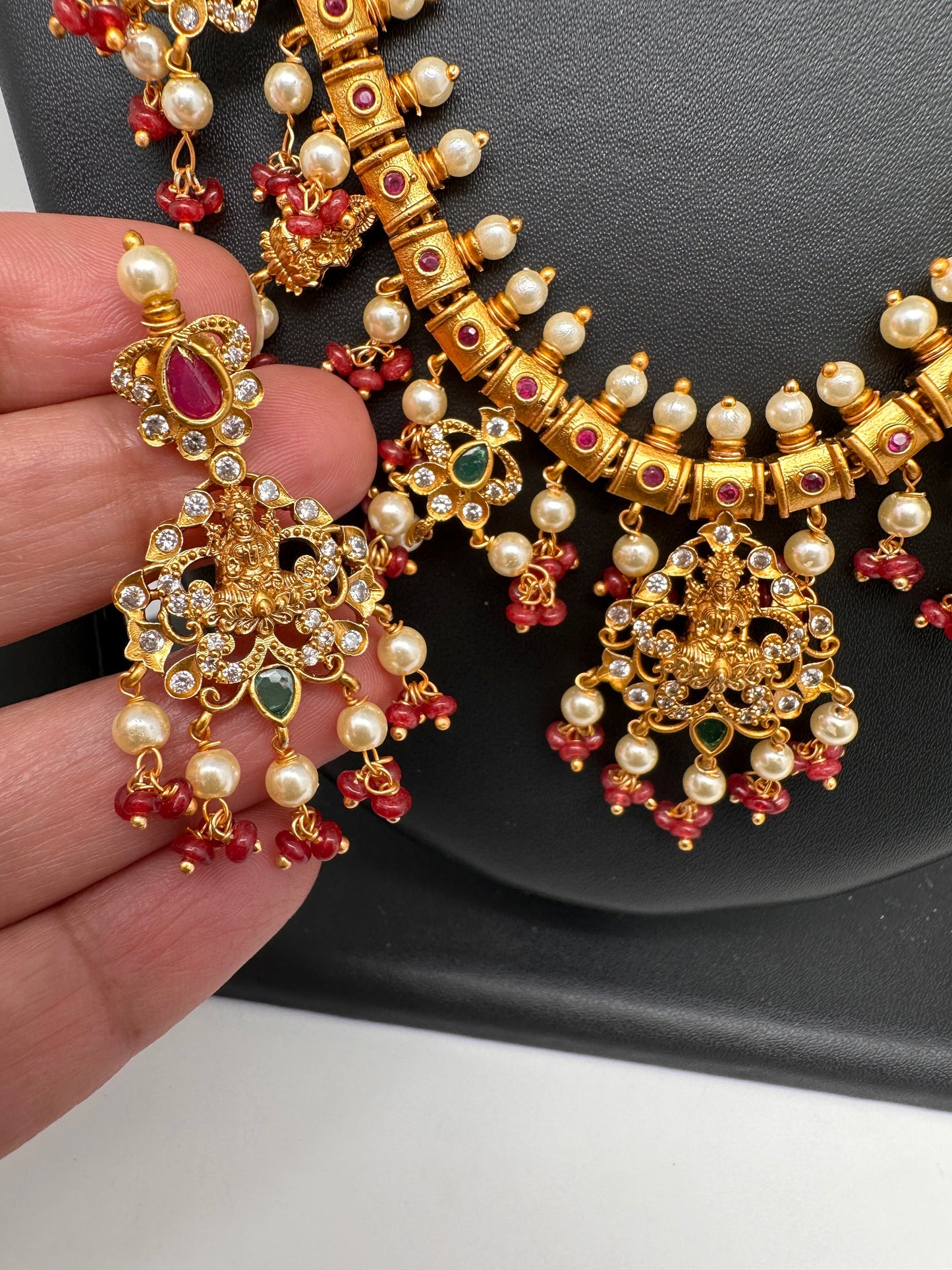 Goddess Lakshmi Red Coral Beads Red Green Stone CZ and Pearls Traditional Guttapusalu Necklace