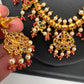 Goddess Lakshmi Red Coral Beads Red Green Stone CZ and Pearls Traditional Guttapusalu Necklace