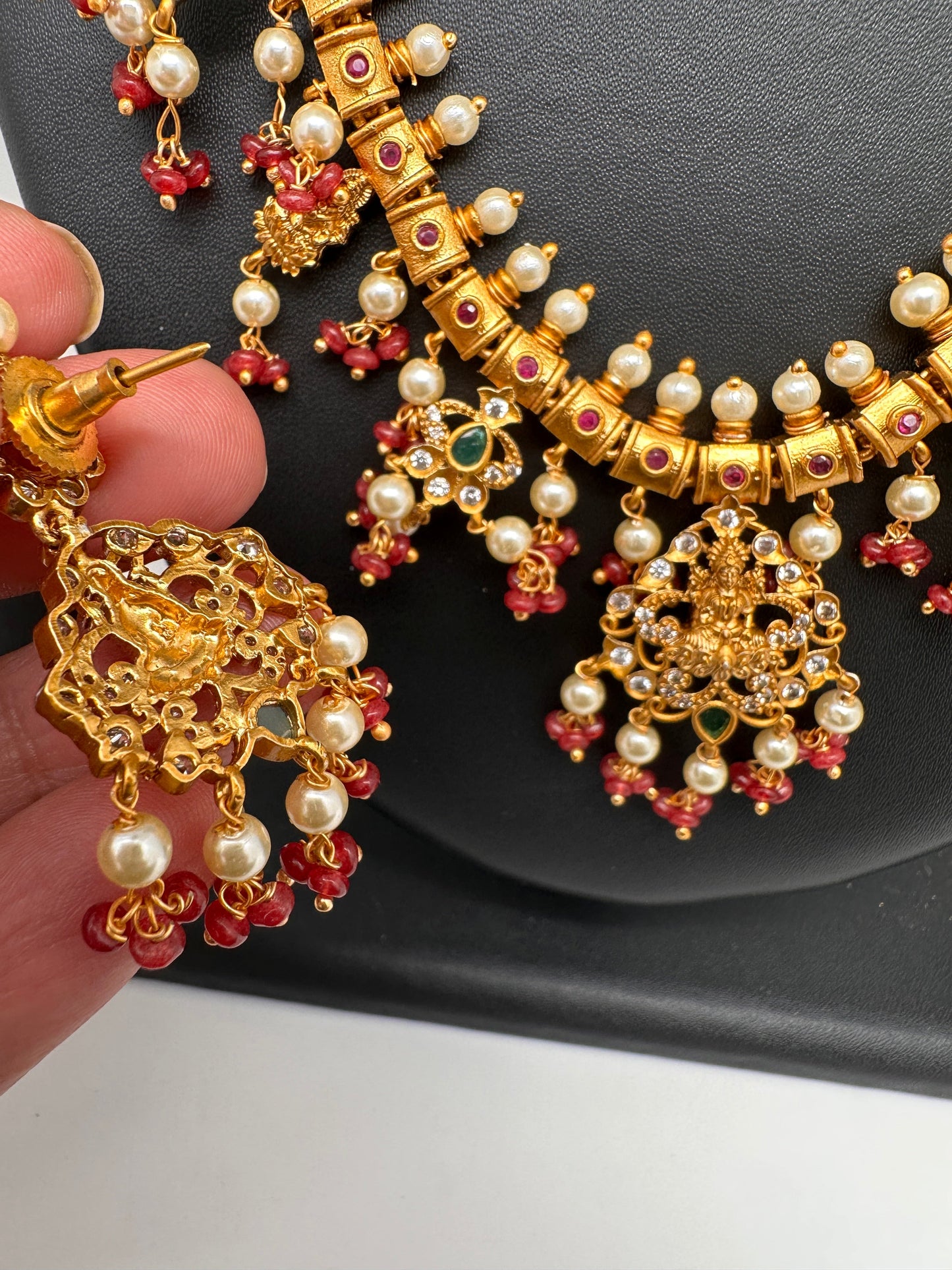 Goddess Lakshmi Red Coral Beads Red Green Stone CZ and Pearls Traditional Guttapusalu Necklace