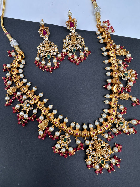 Goddess Lakshmi Red Coral Beads Red Green Stone CZ and Pearls Traditional Guttapusalu Necklace