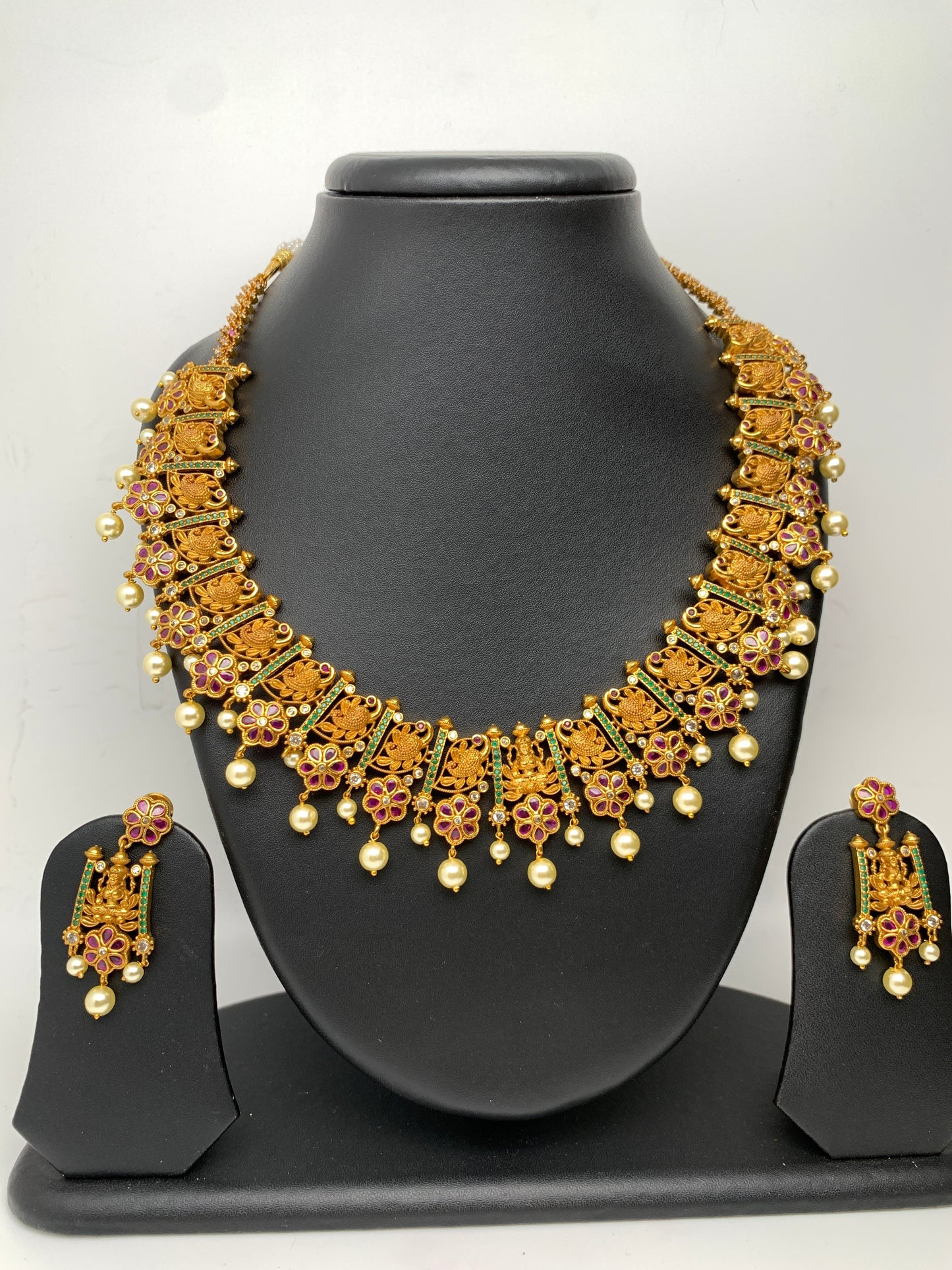 Peacock and Floral Red Green Stone CZ Pearls Necklace