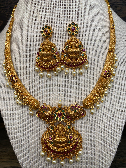 Goddess Lakshmi Red Green Stone CZ Pearls Kanthi Neckalce