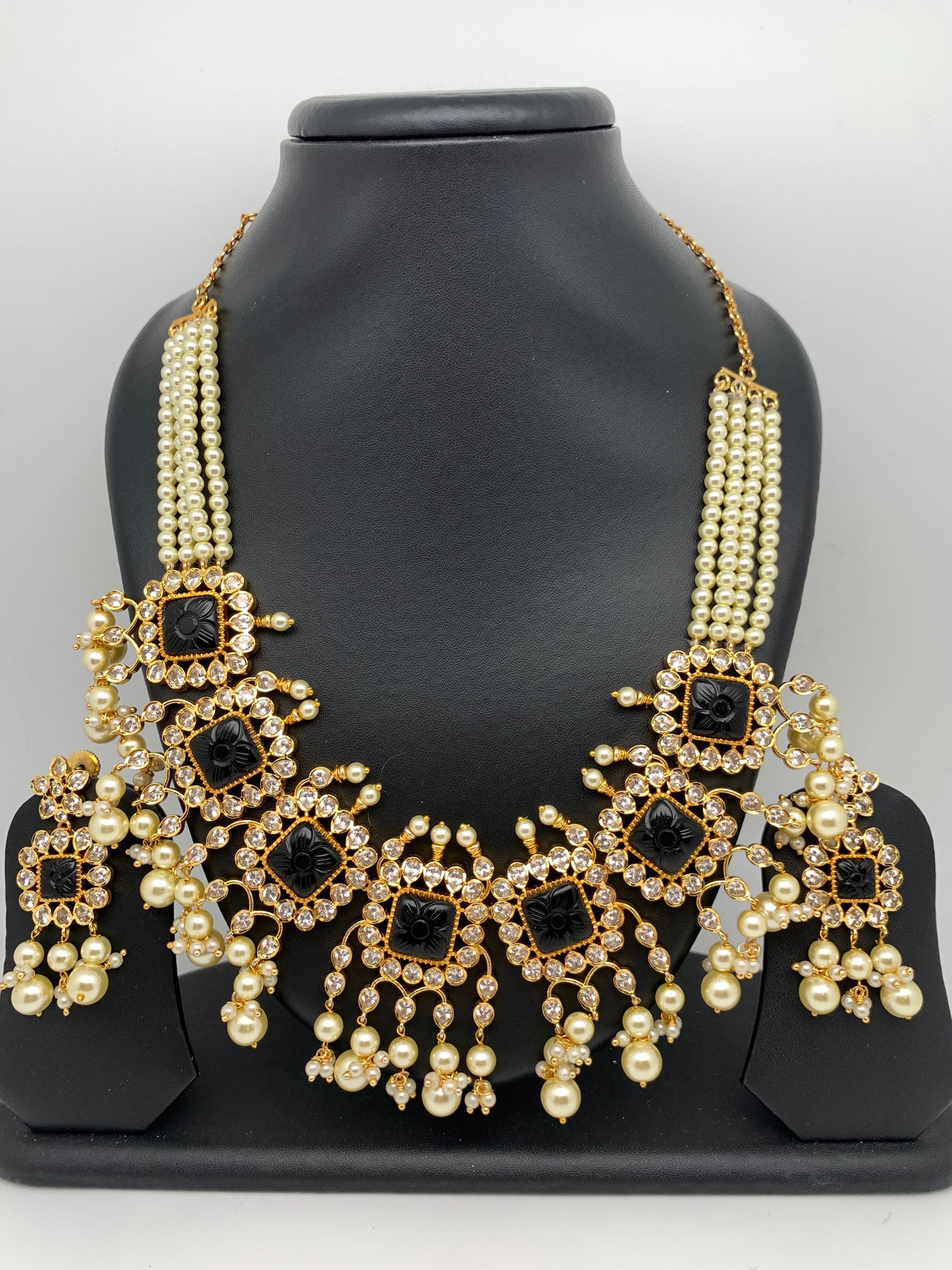 Black Carved Stone CZ and Pearls Necklace