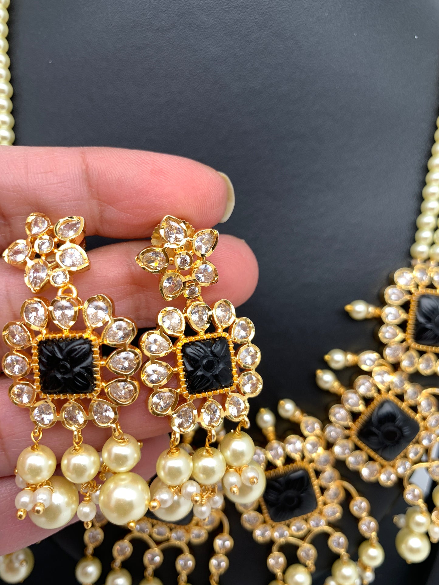Black Carved Stone CZ and Pearls Necklace