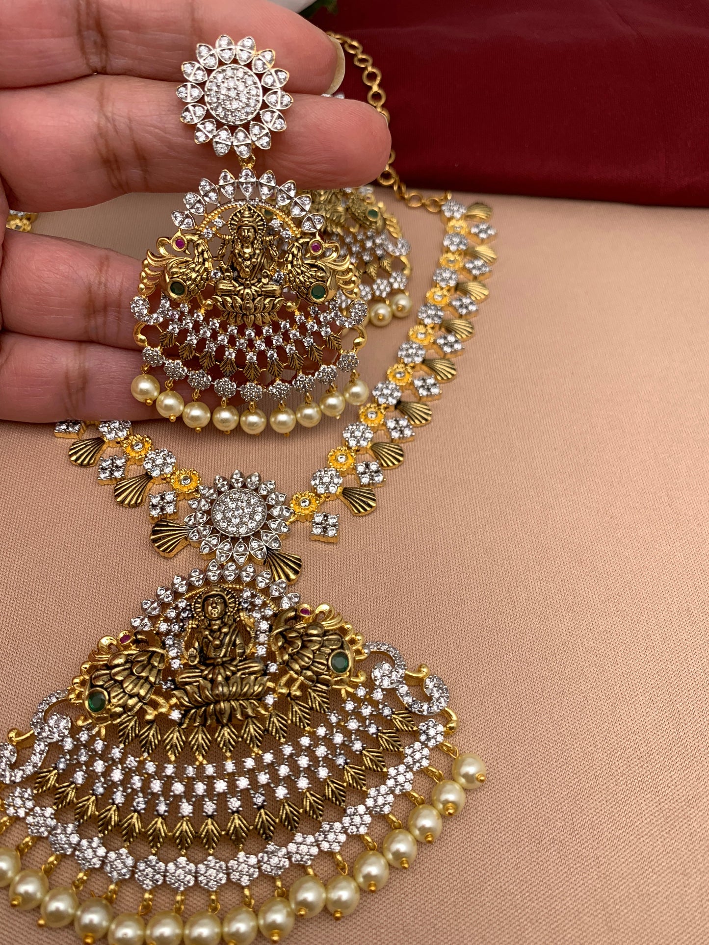 Goddess Lakshmi antique finish CZ American Diamond Detachable Pendent Necklace