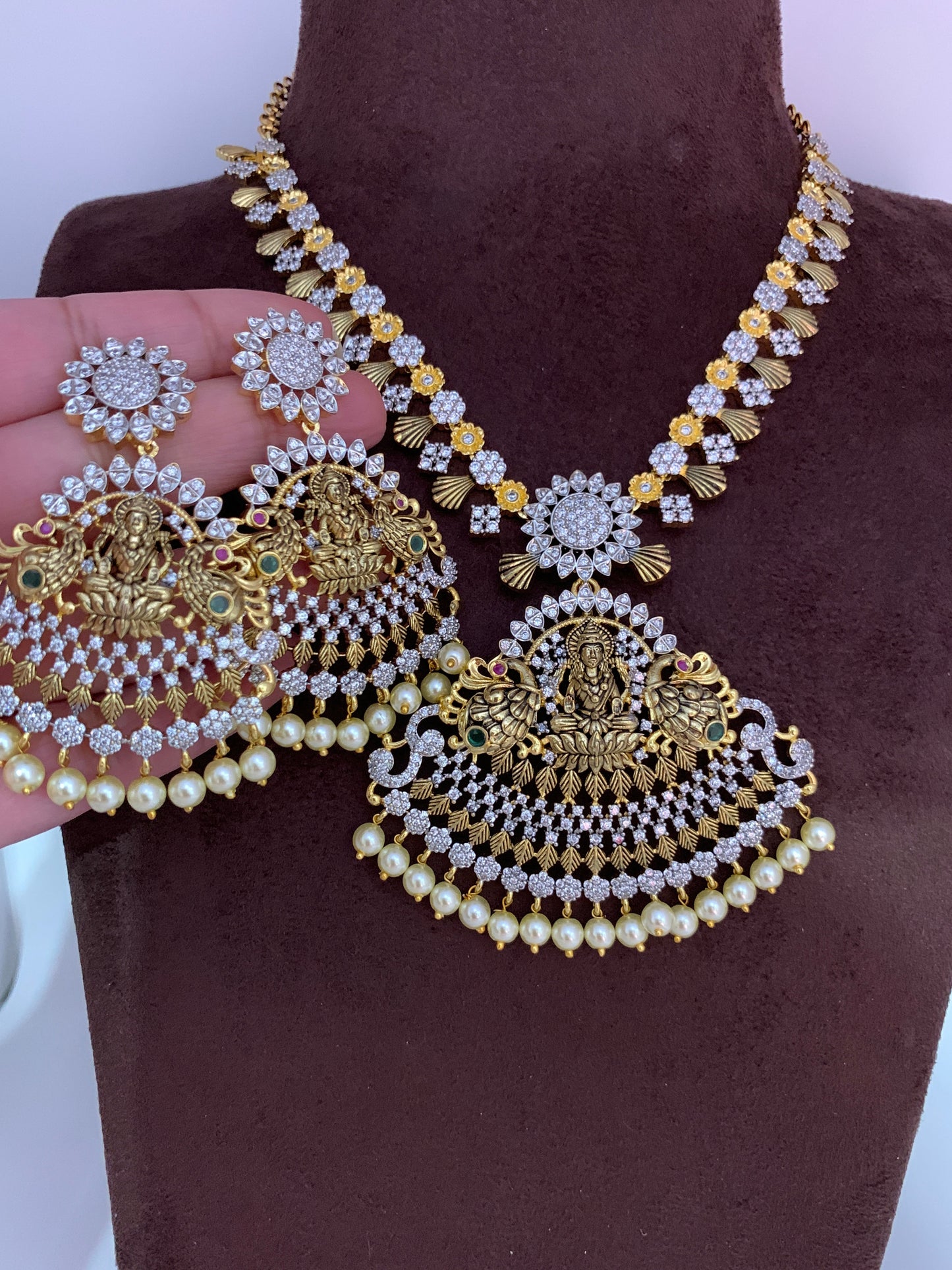 Goddess Lakshmi antique finish CZ American Diamond Detachable Pendent Necklace