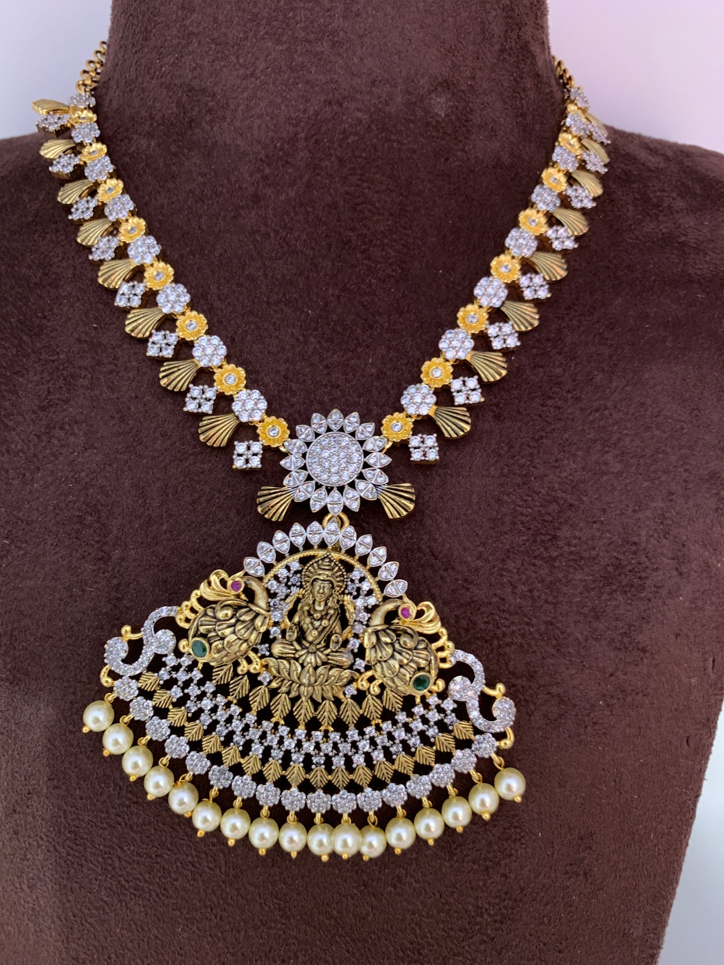 Goddess Lakshmi antique finish CZ American Diamond Detachable Pendent Necklace