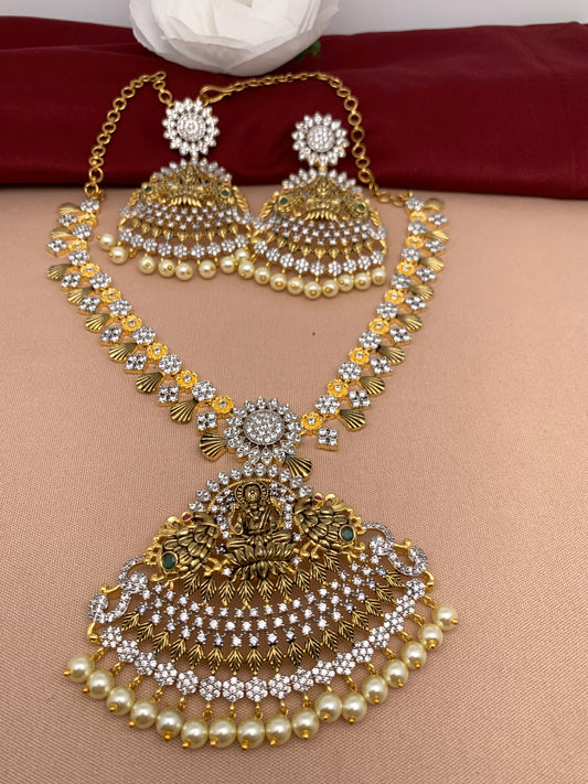 Goddess Lakshmi antique finish CZ American Diamond Detachable Pendent Necklace