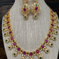 CZ Red Green Stone Pearls Short Necklace