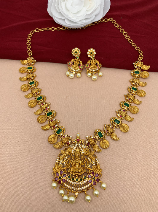 Goddess Lakshmi CZ Green Stone Short Necklace